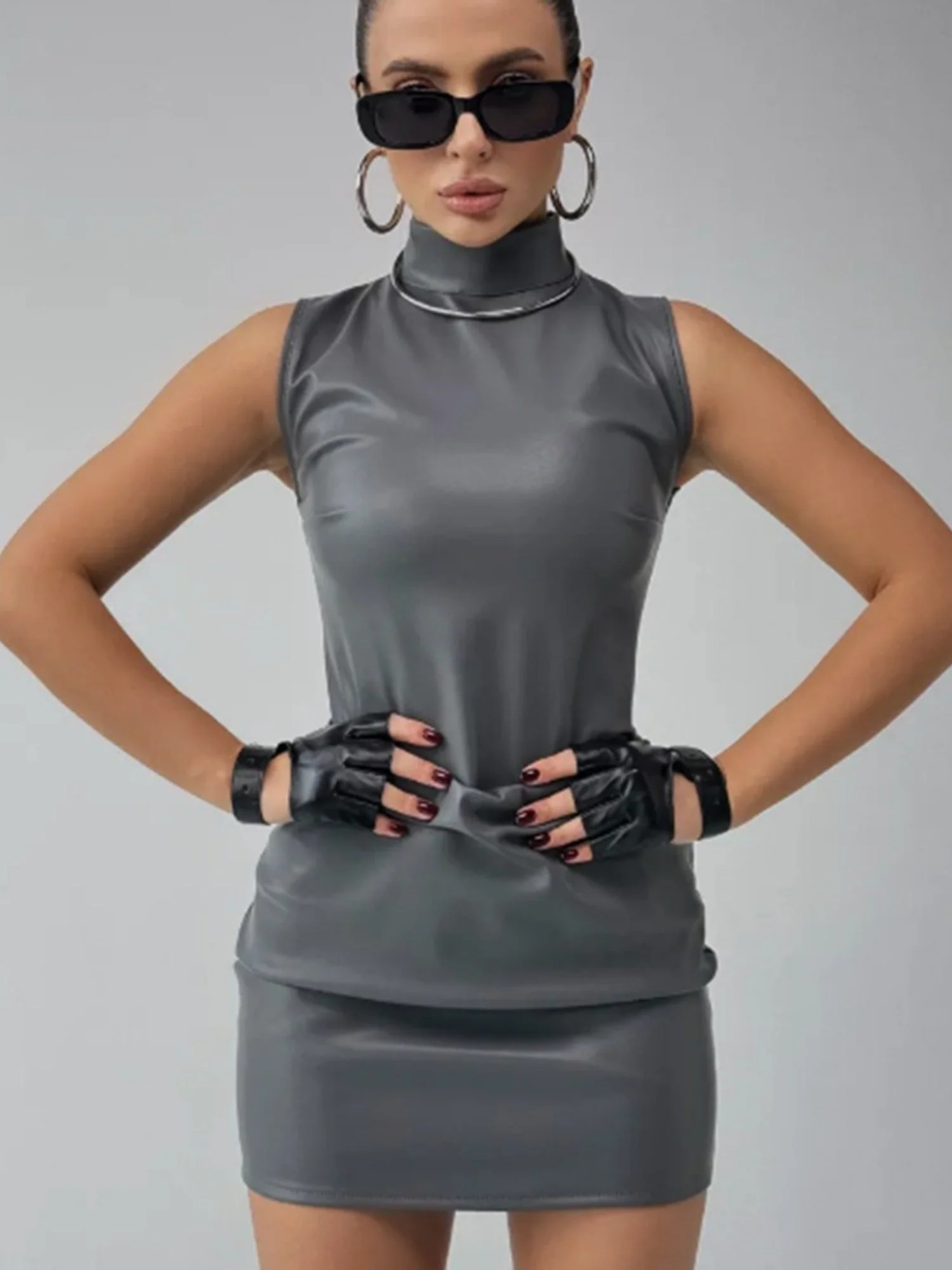 PU Leather Mock Neck Pleated Mini&Short Dresses - Image 7
