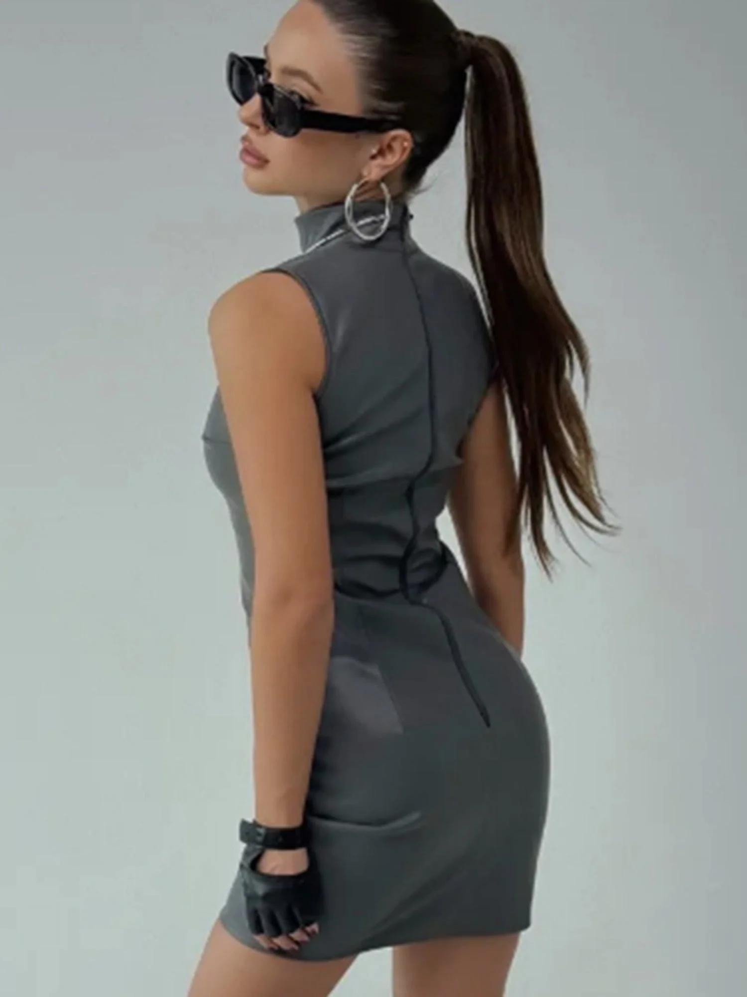 PU Leather Mock Neck Pleated Mini&Short Dresses - Image 8