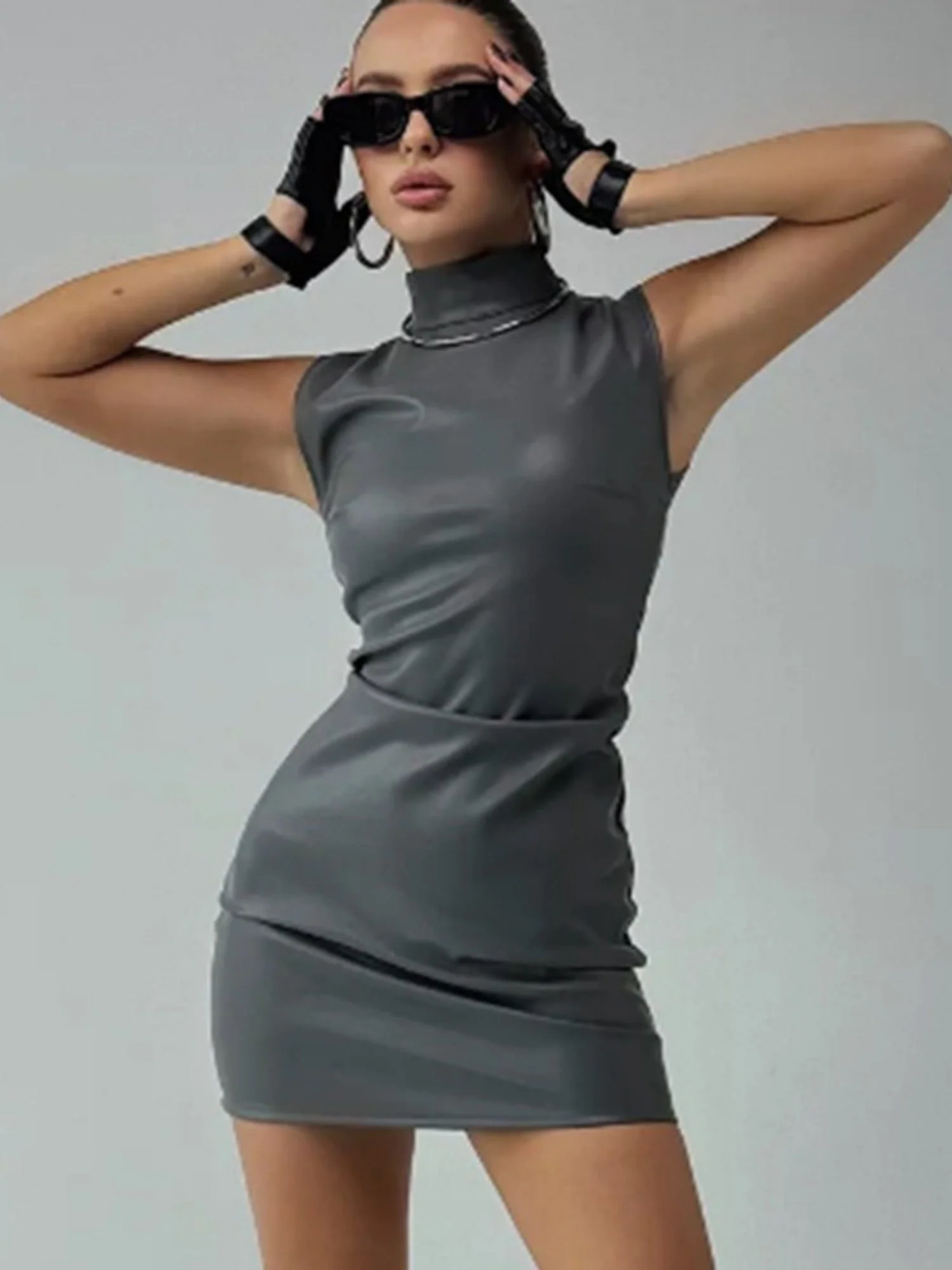 PU Leather Mock Neck Pleated Mini&Short Dresses - Image 9