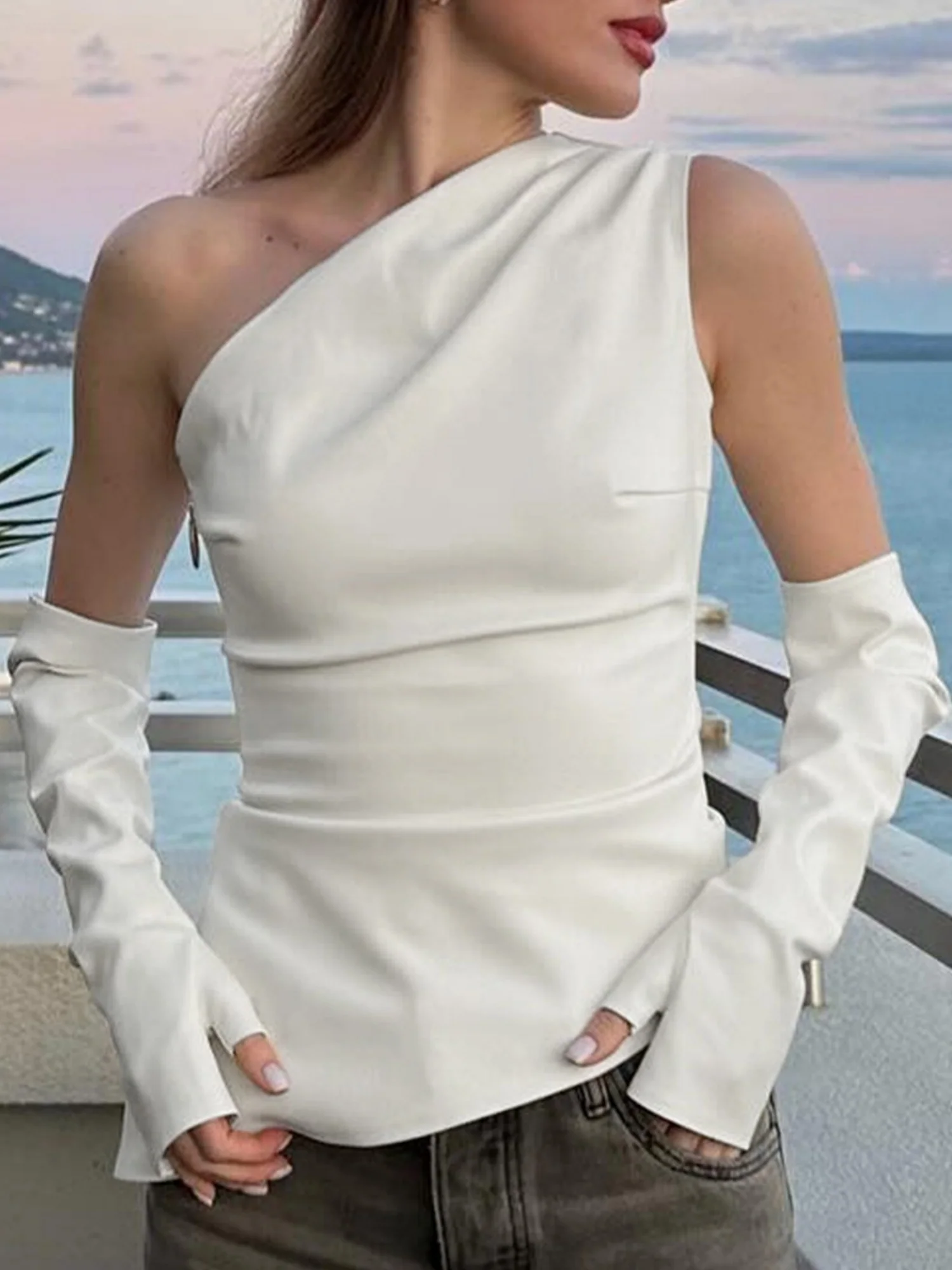 PU Leather Sleeveless Asymmetrical Neck Vest With Arm Sleeves Jacket - Image 2