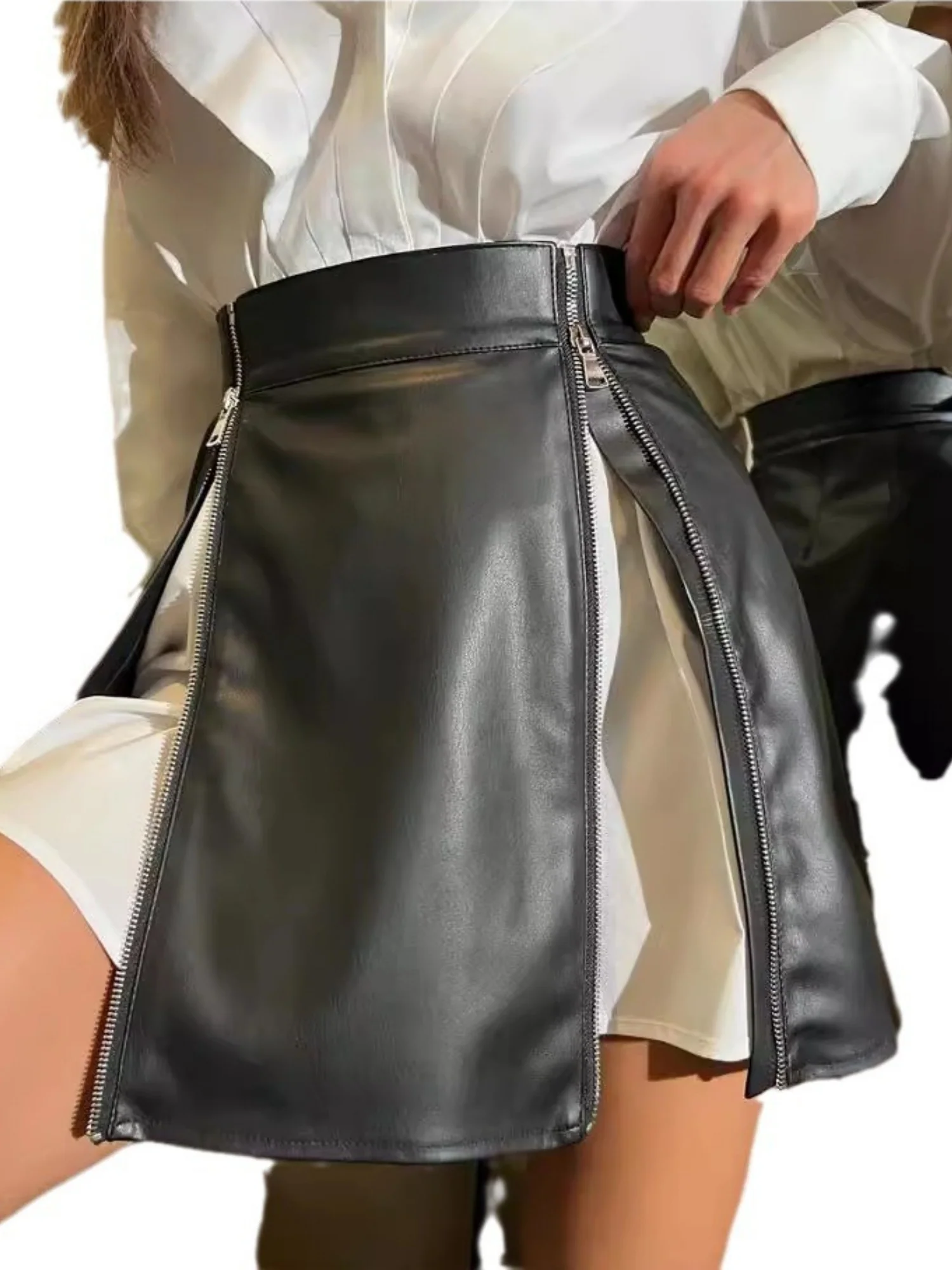 PU Leather Double Zipper High-waisted Hip-hugging Short Skirt Skirts - Image 4