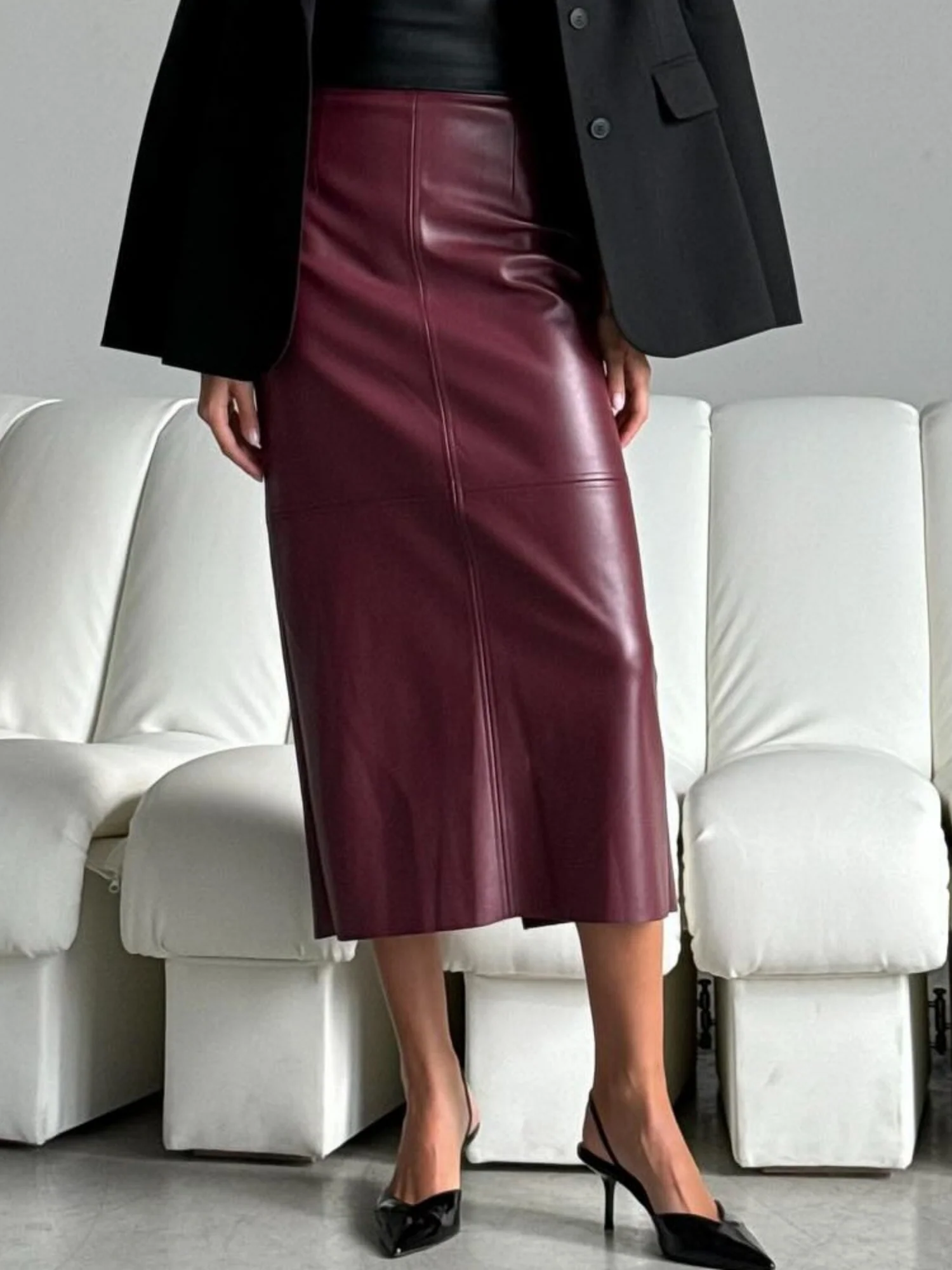 PU Leather High-waisted Back Slit Longline Skirts