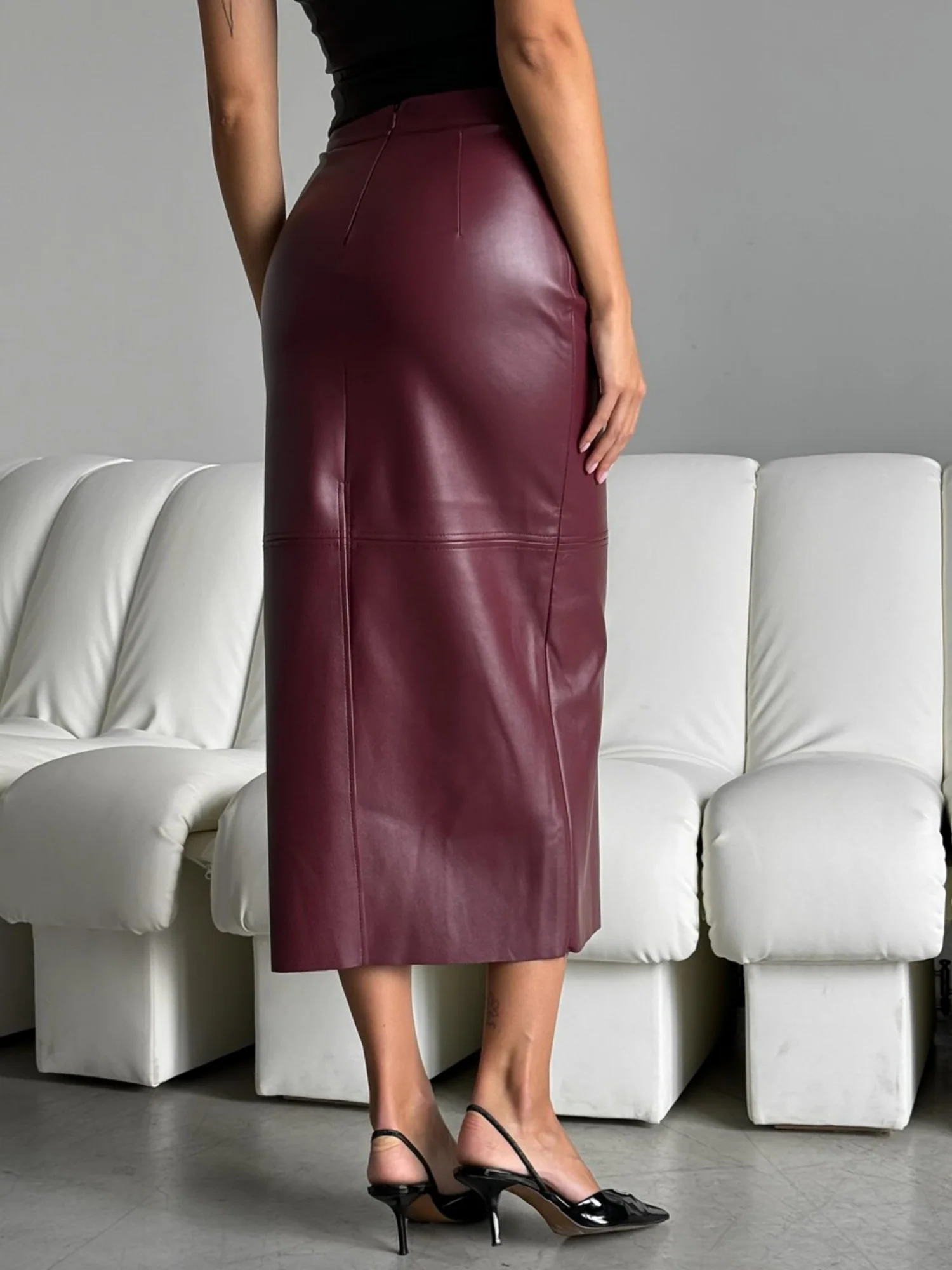 PU Leather High-waisted Back Slit Longline Skirts - Image 2