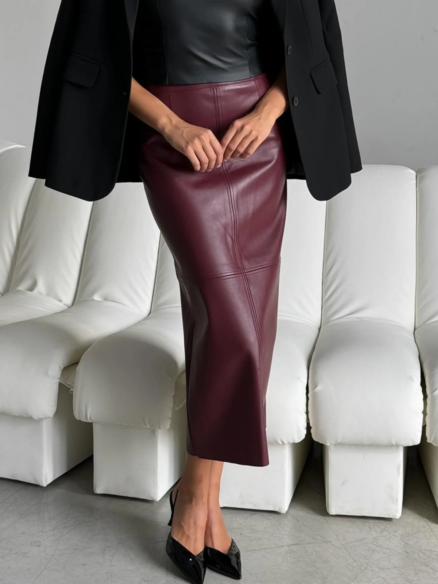 PU Leather High-waisted Back Slit Longline Skirts - Image 3