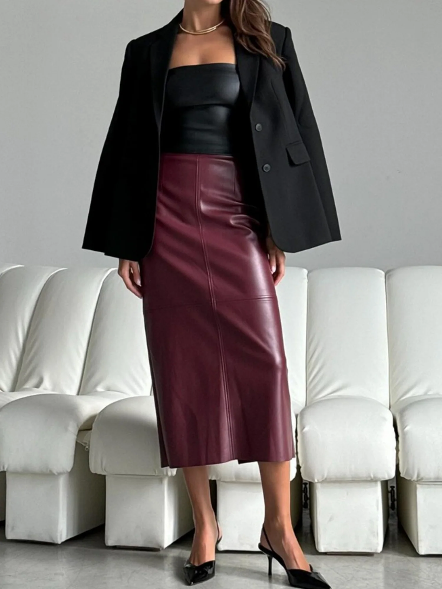 PU Leather High-waisted Back Slit Longline Skirts - Image 4