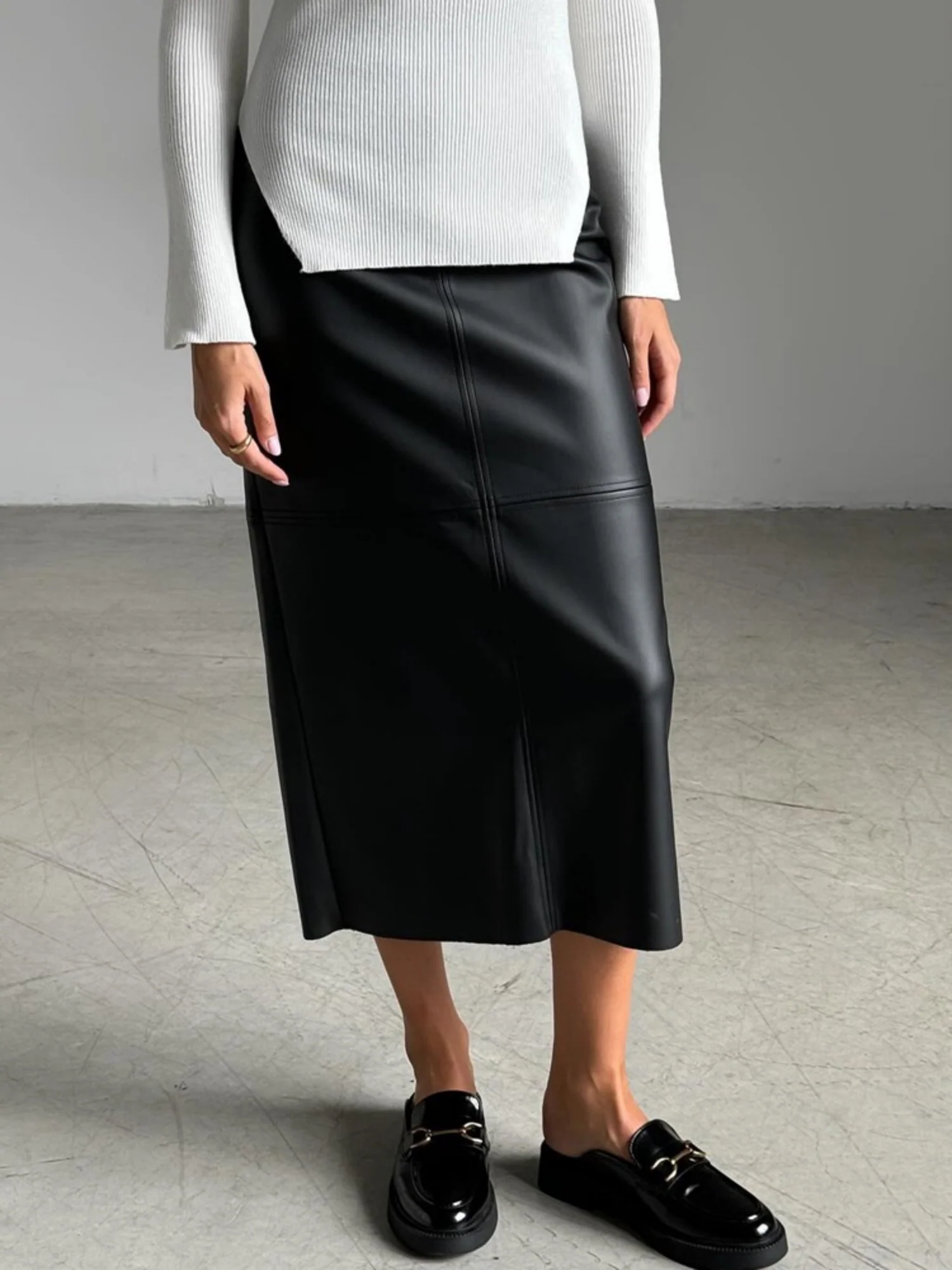 PU Leather High-waisted Back Slit Longline Skirts - Image 5