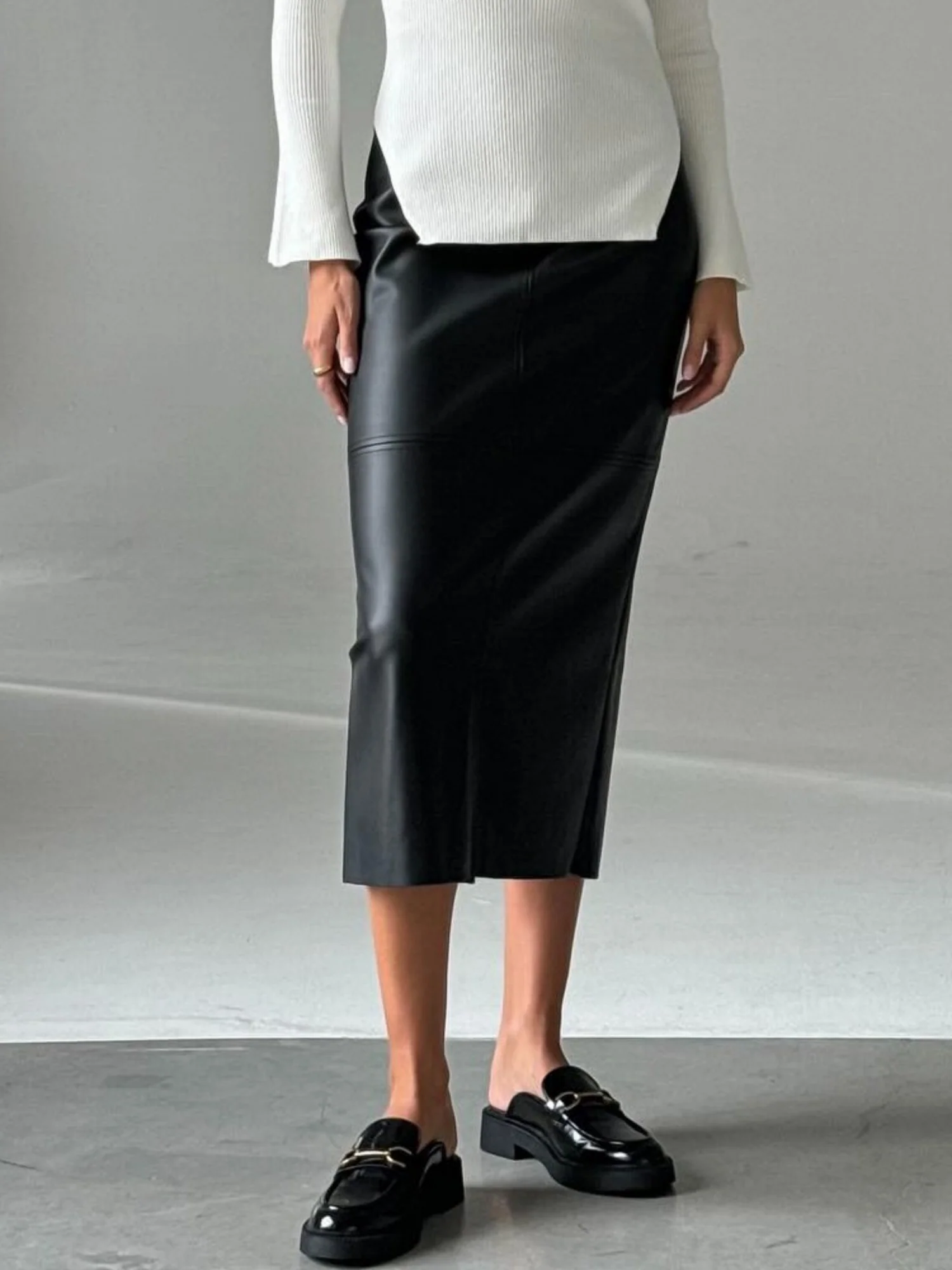 PU Leather High-waisted Back Slit Longline Skirts - Image 6