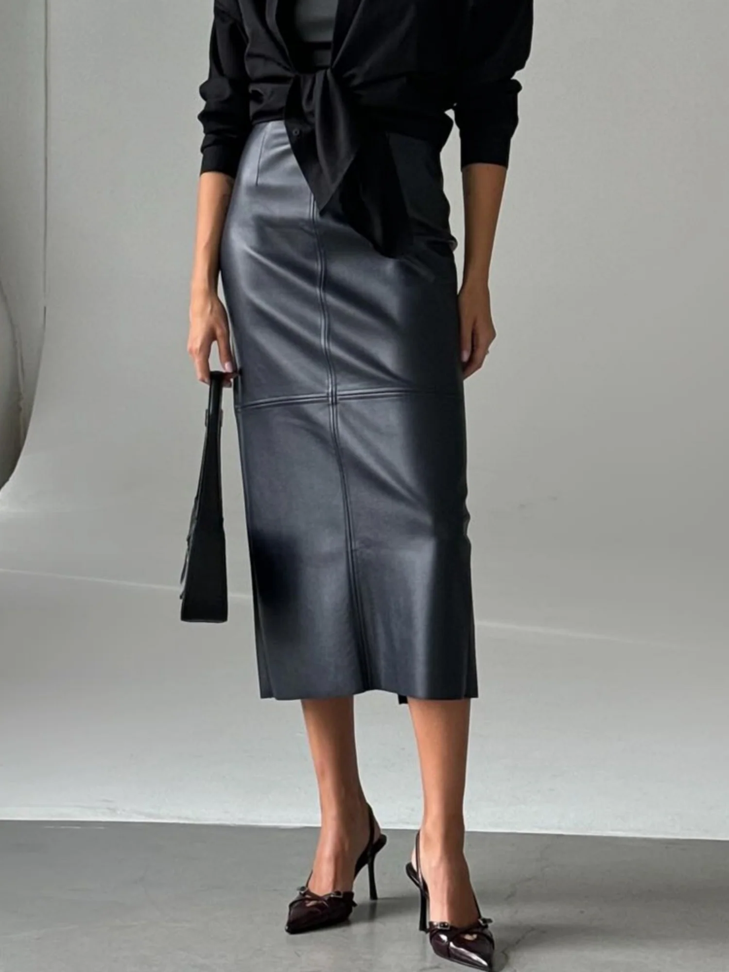 PU Leather High-waisted Back Slit Longline Skirts - Image 7