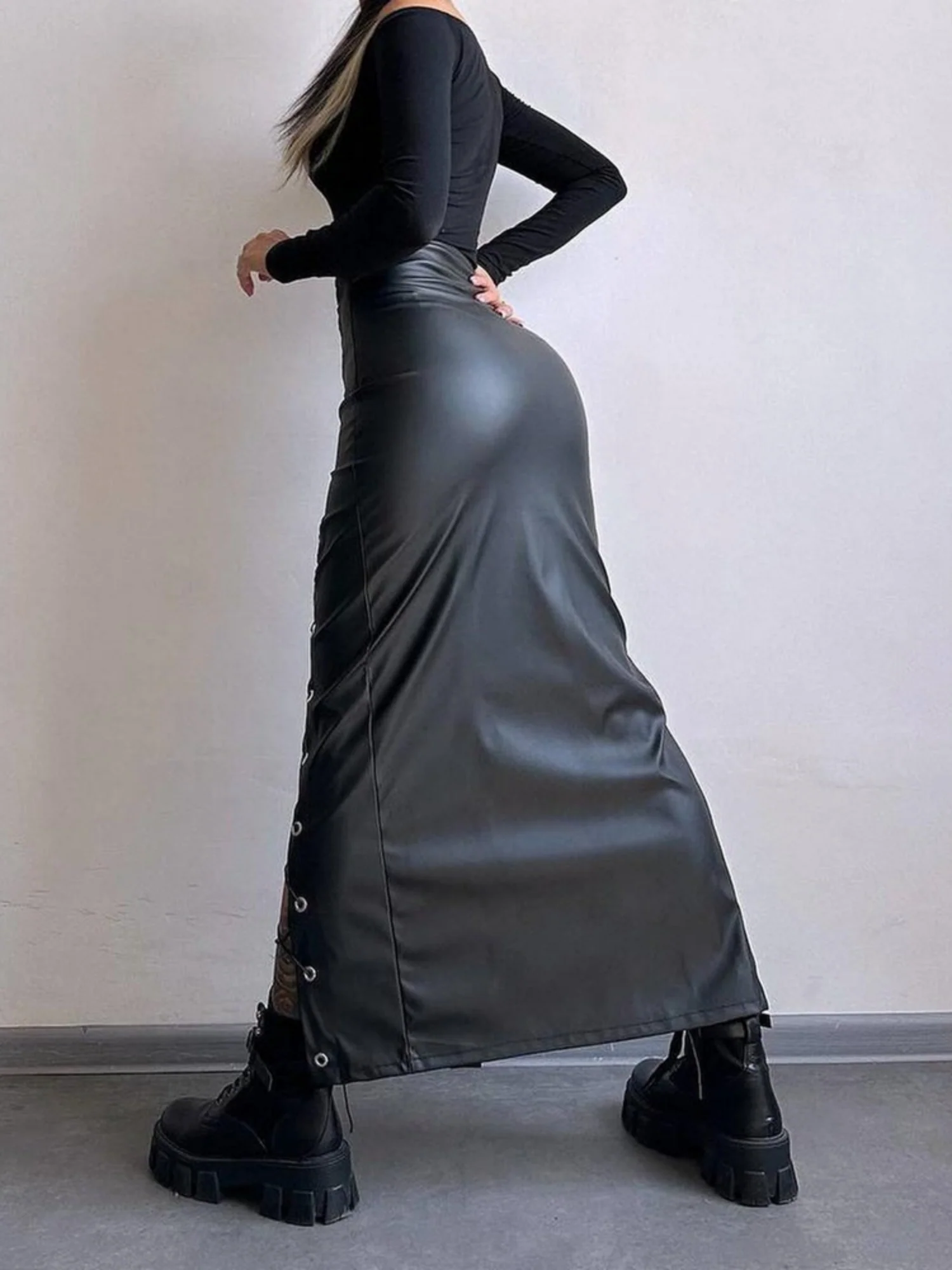 PU Leather Lace Up Slit Bodycon Skirt - Image 2