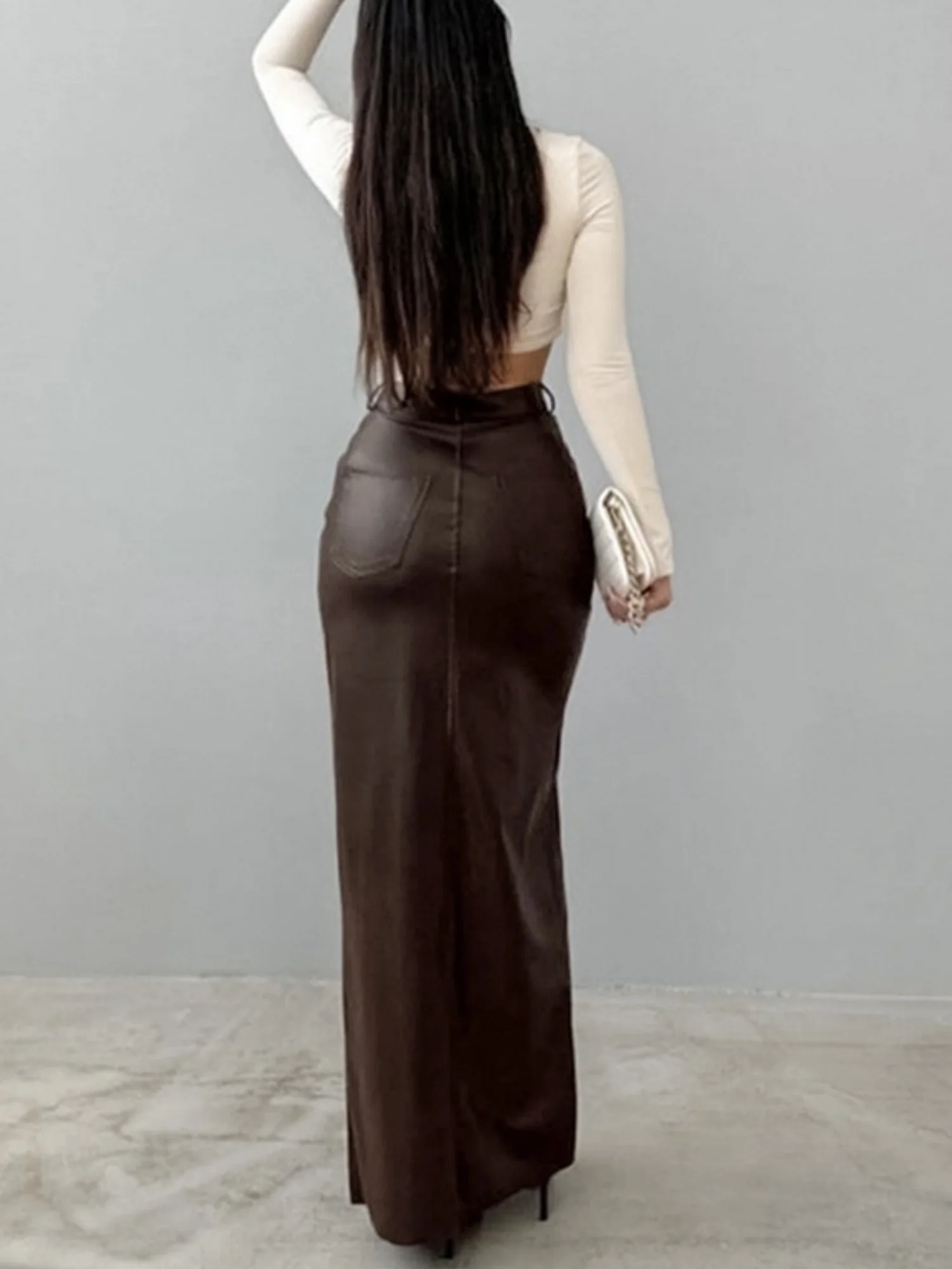 PU Leather High-waisted Slim Fit Hip Body Slit Longline Skirts - Image 2