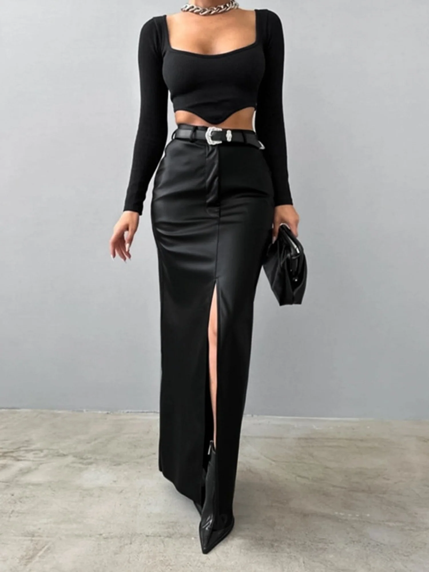 PU Leather High-waisted Slim Fit Hip Body Slit Longline Skirts - Image 3