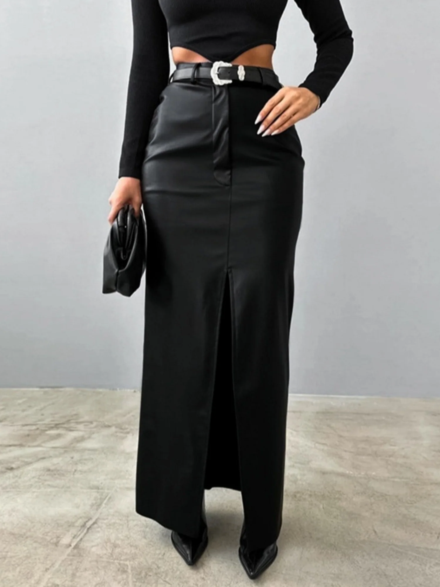 PU Leather High-waisted Slim Fit Hip Body Slit Longline Skirts - Image 4