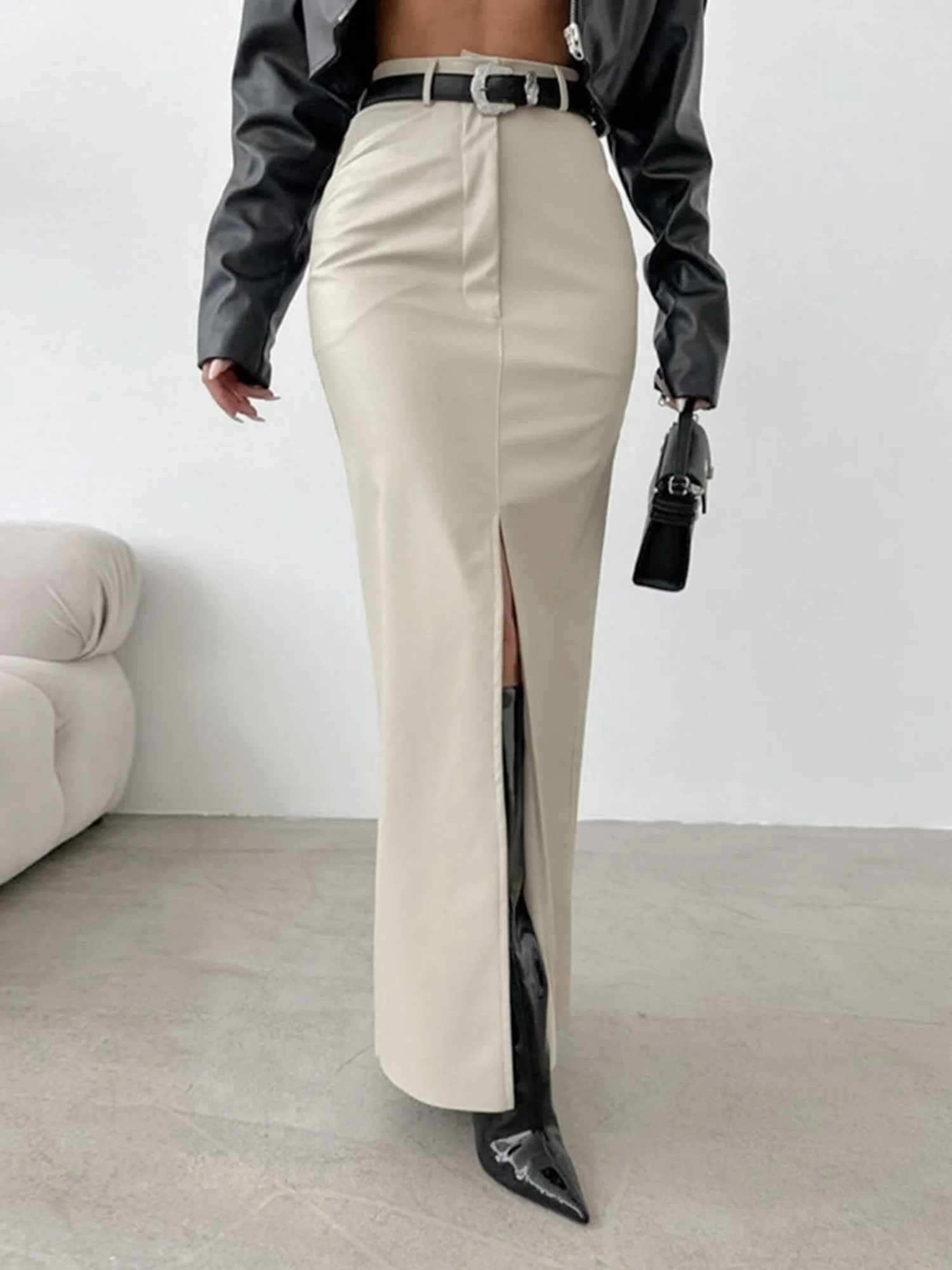 PU Leather High-waisted Slim Fit Hip Body Slit Longline Skirts - Image 6