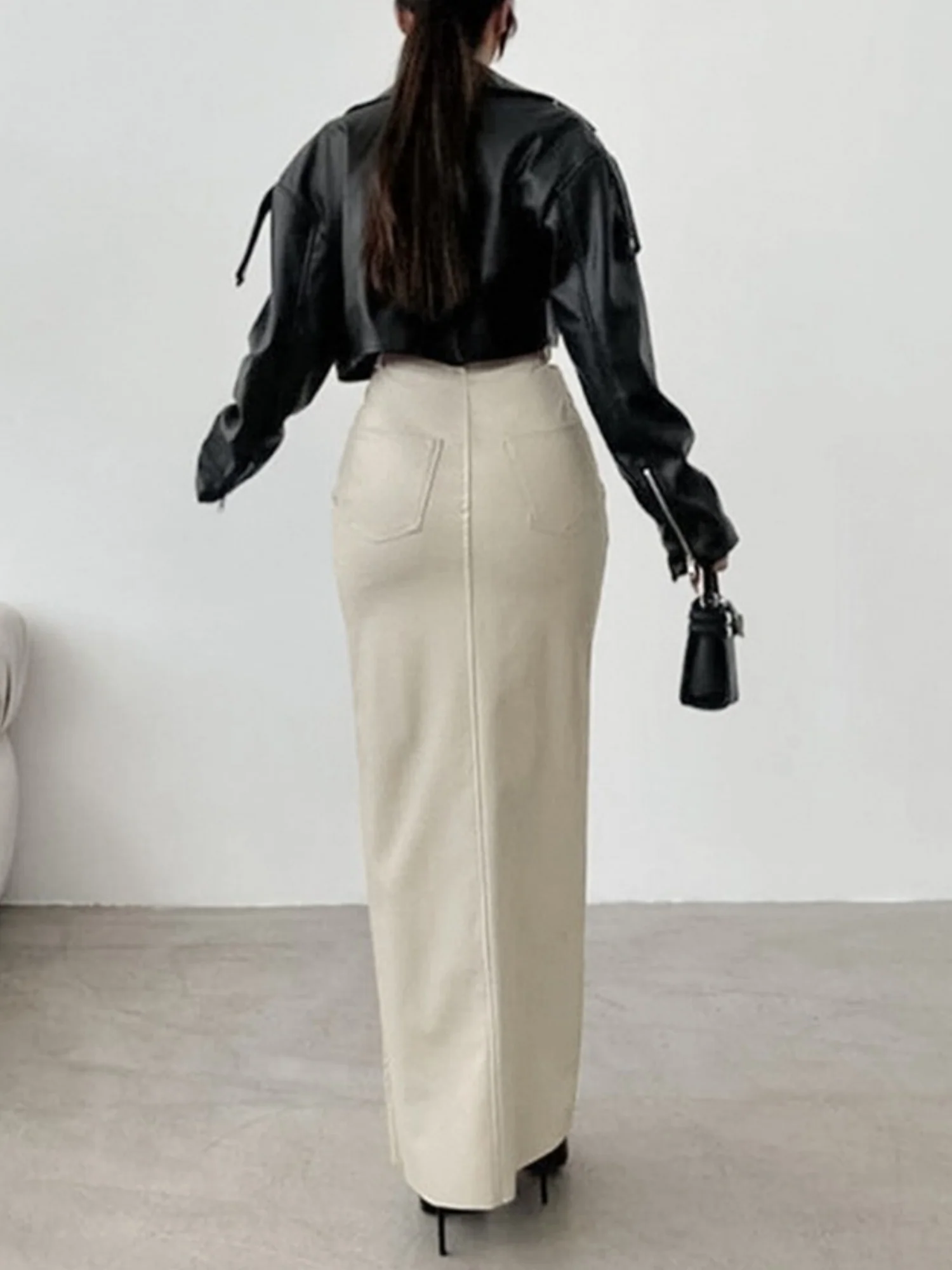 PU Leather High-waisted Slim Fit Hip Body Slit Longline Skirts - Image 7