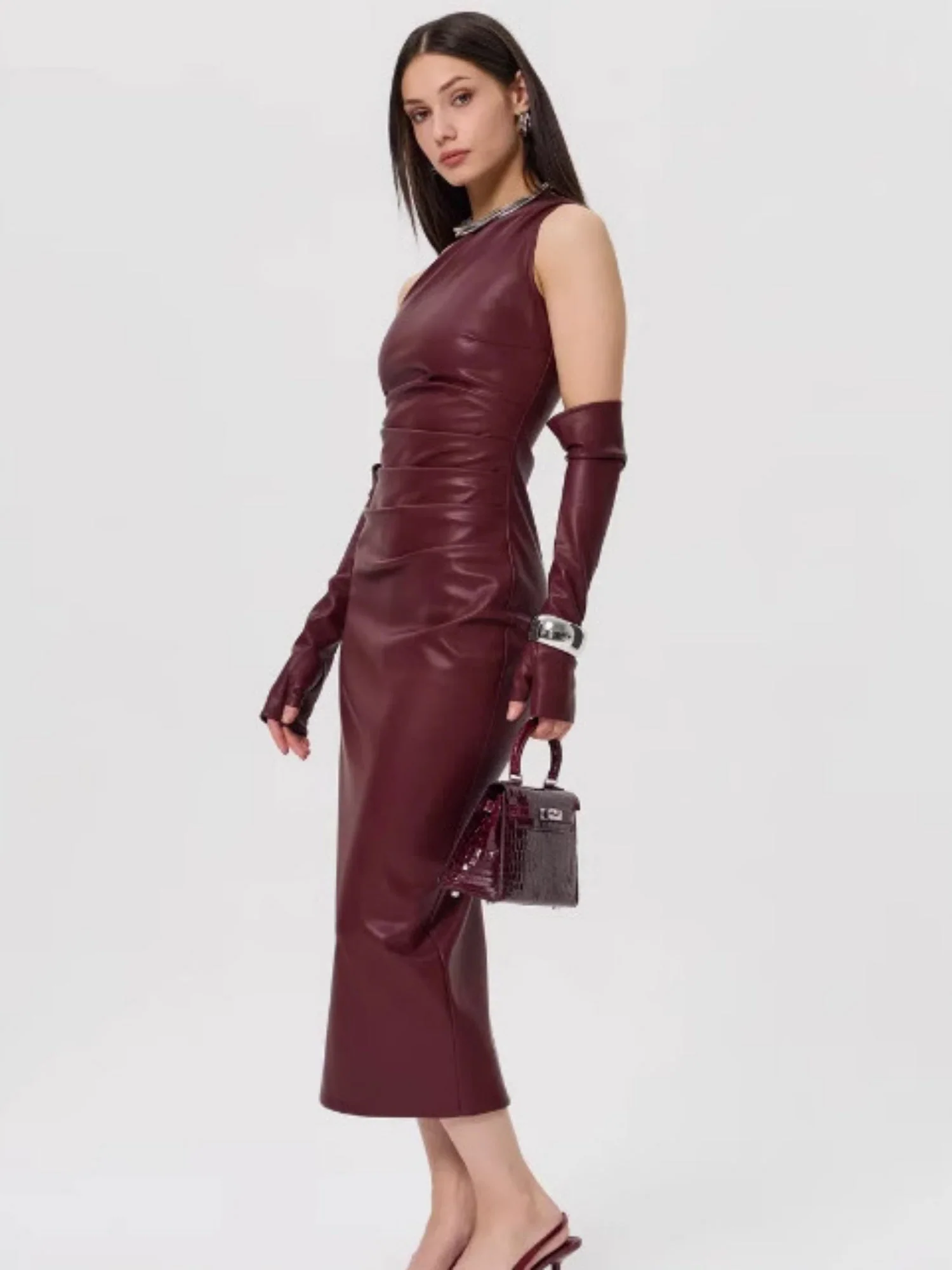 PU Leather Off-shoulder Wrap Pleats Are Sexy Bodysuit With Slits Midi Dresses - Image 3