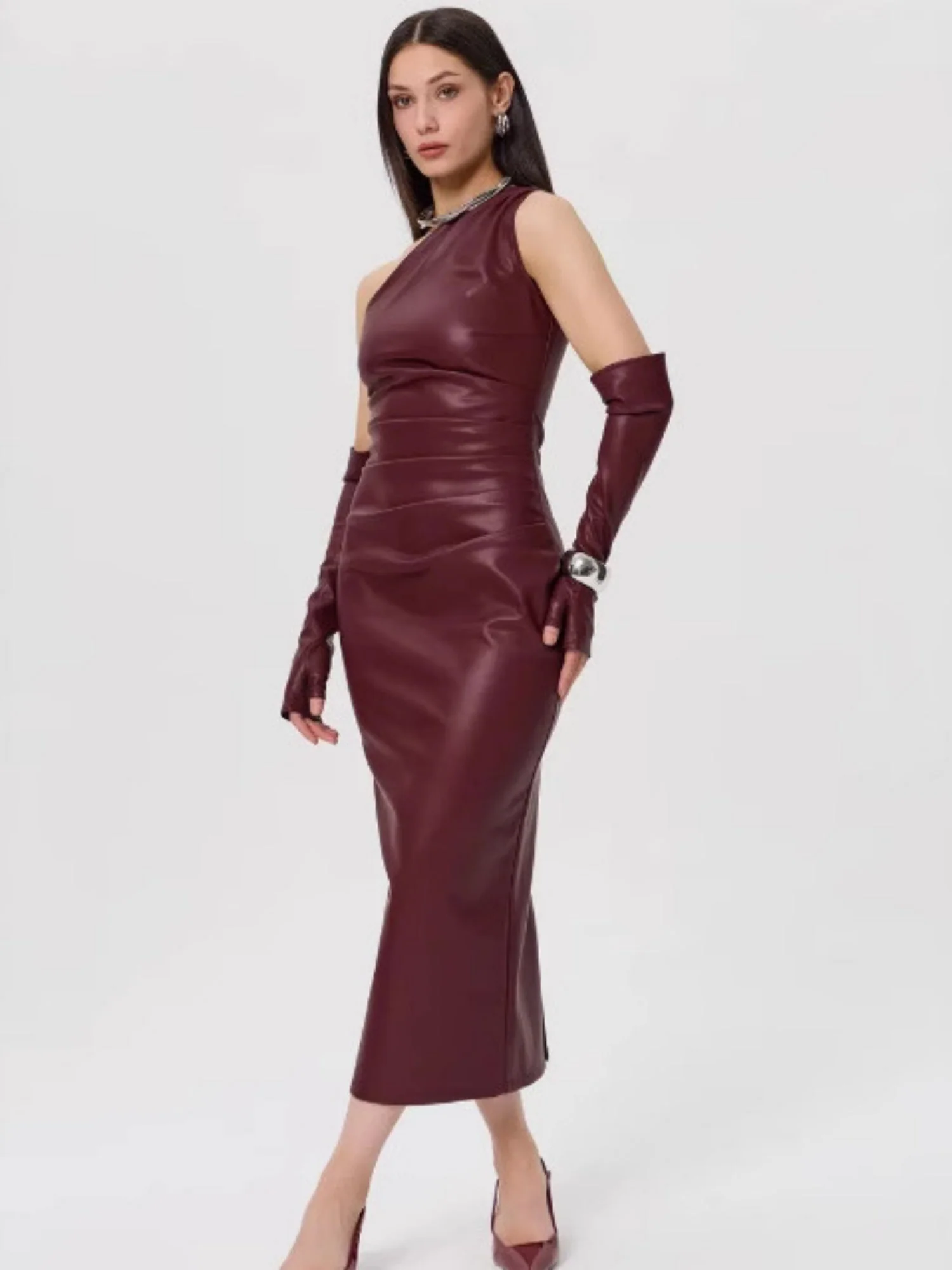 PU Leather Off-shoulder Wrap Pleats Are Sexy Bodysuit With Slits Midi Dresses - Image 4