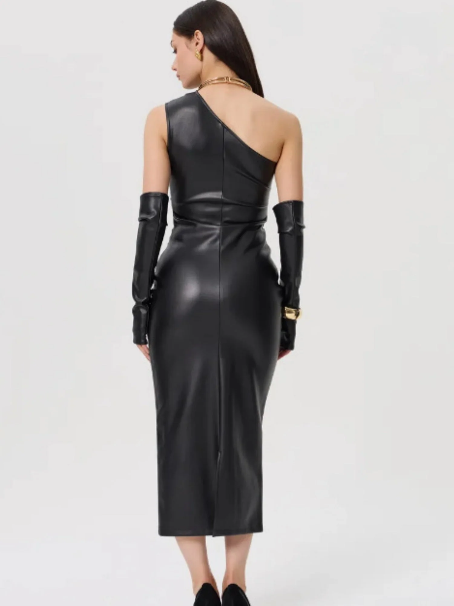PU Leather Off-shoulder Wrap Pleats Are Sexy Bodysuit With Slits Midi Dresses - Image 6