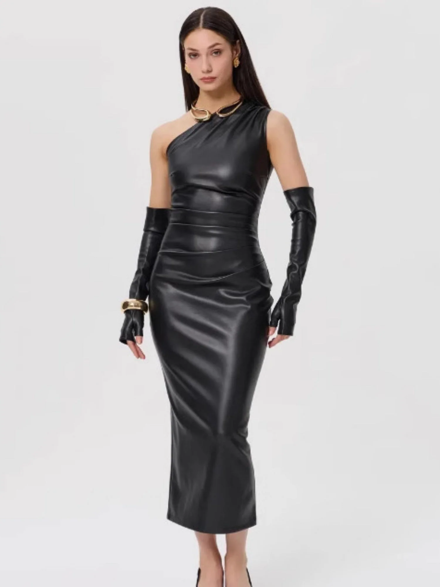 PU Leather Off-shoulder Wrap Pleats Are Sexy Bodysuit With Slits Midi Dresses - Image 7