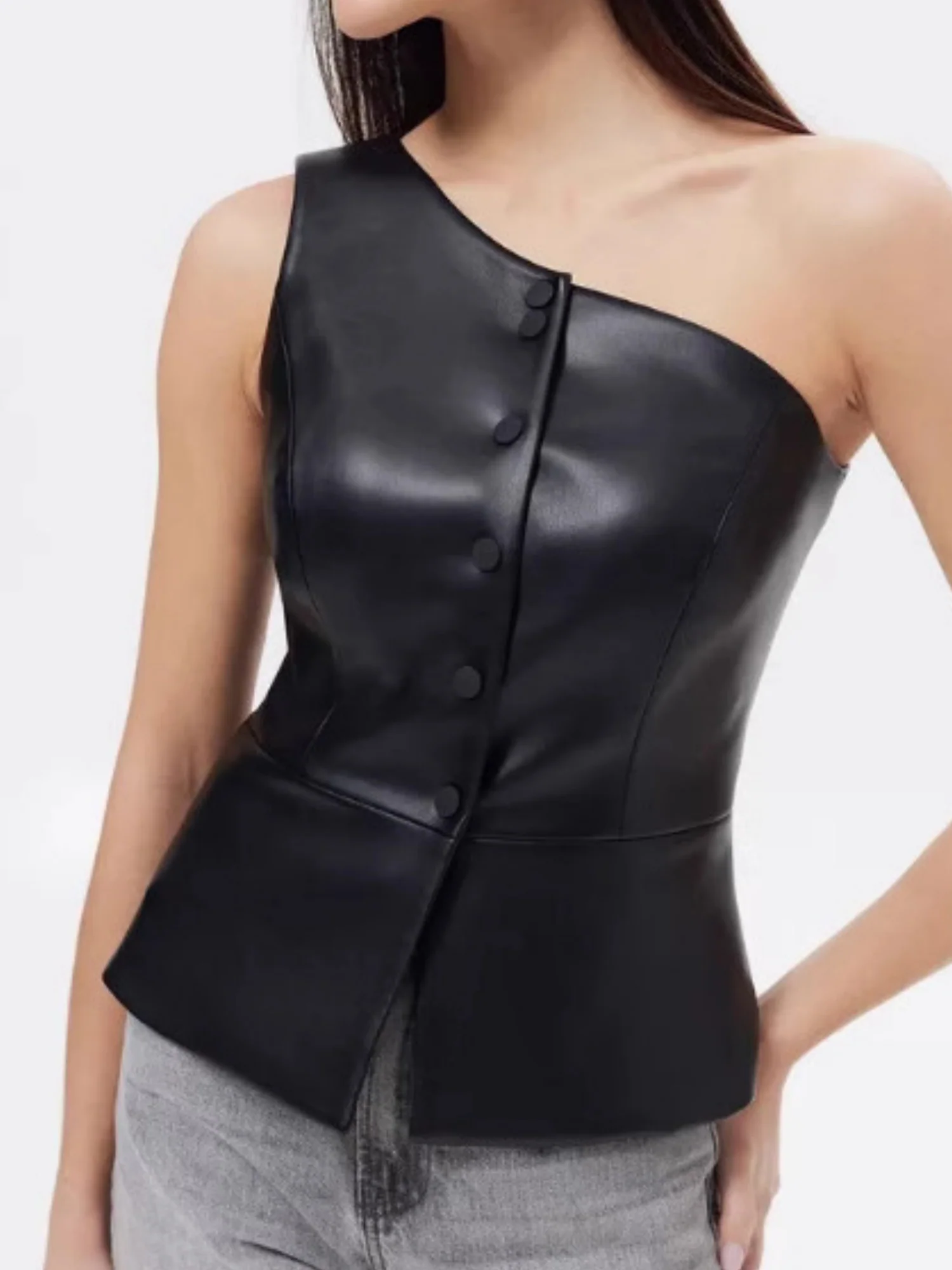 PU Leather Sleeveless, Off-shoulder, One-shoulder Single-breasted Cropped Vest - Image 4