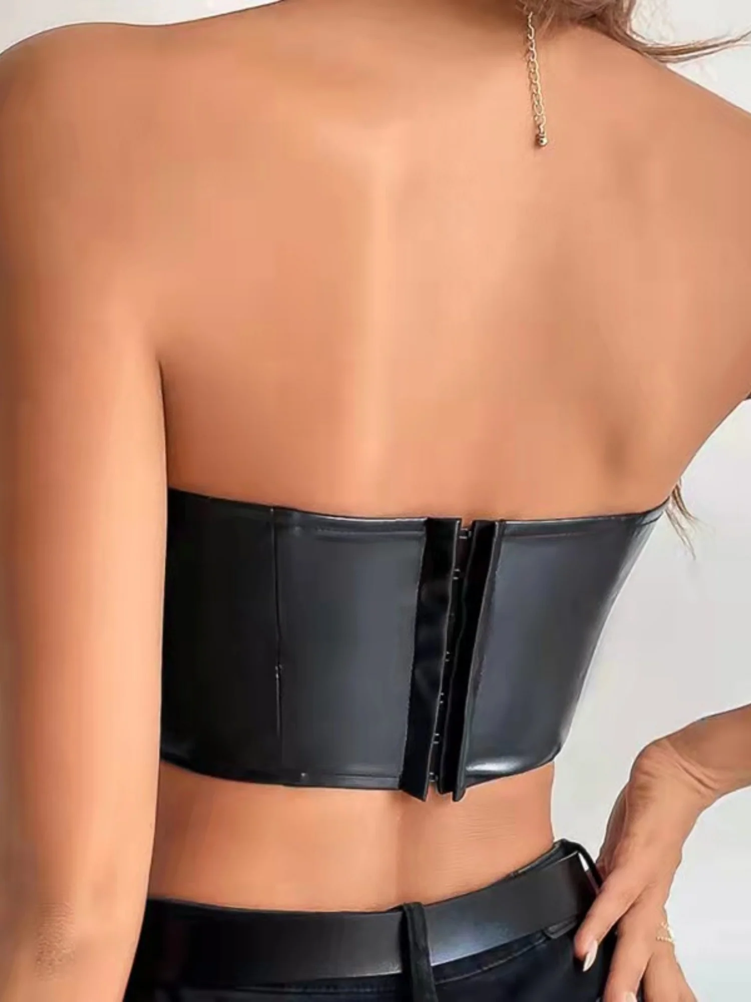 PU Glossy Patent Leather Cropped Tube Top - Image 2