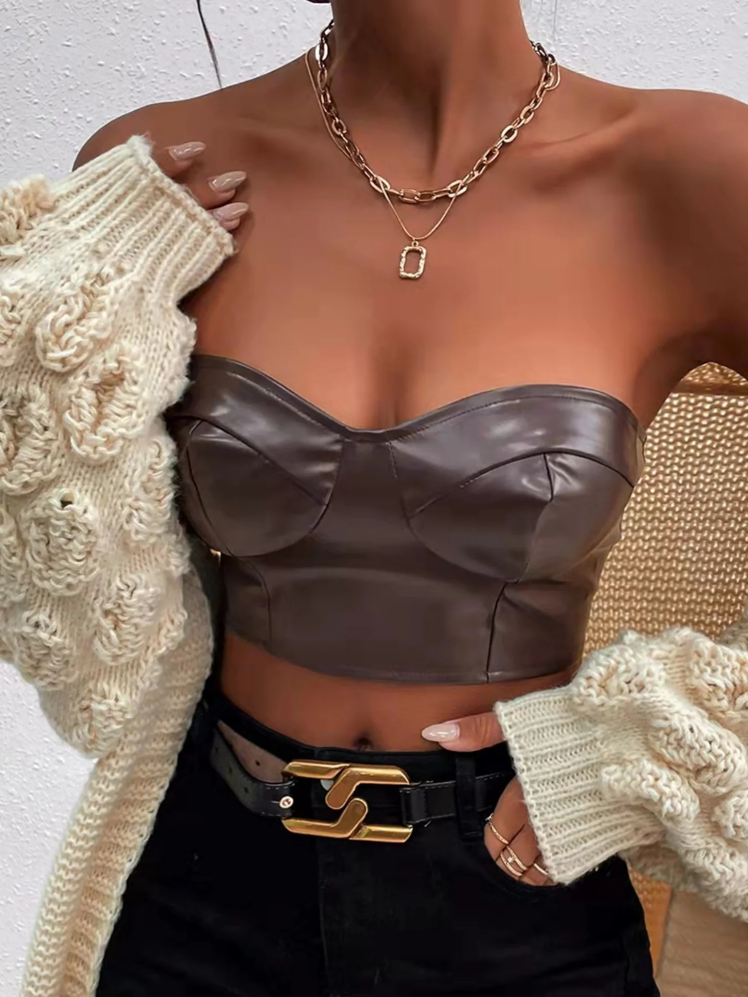 PU Glossy Patent Leather Cropped Tube Top - Image 5