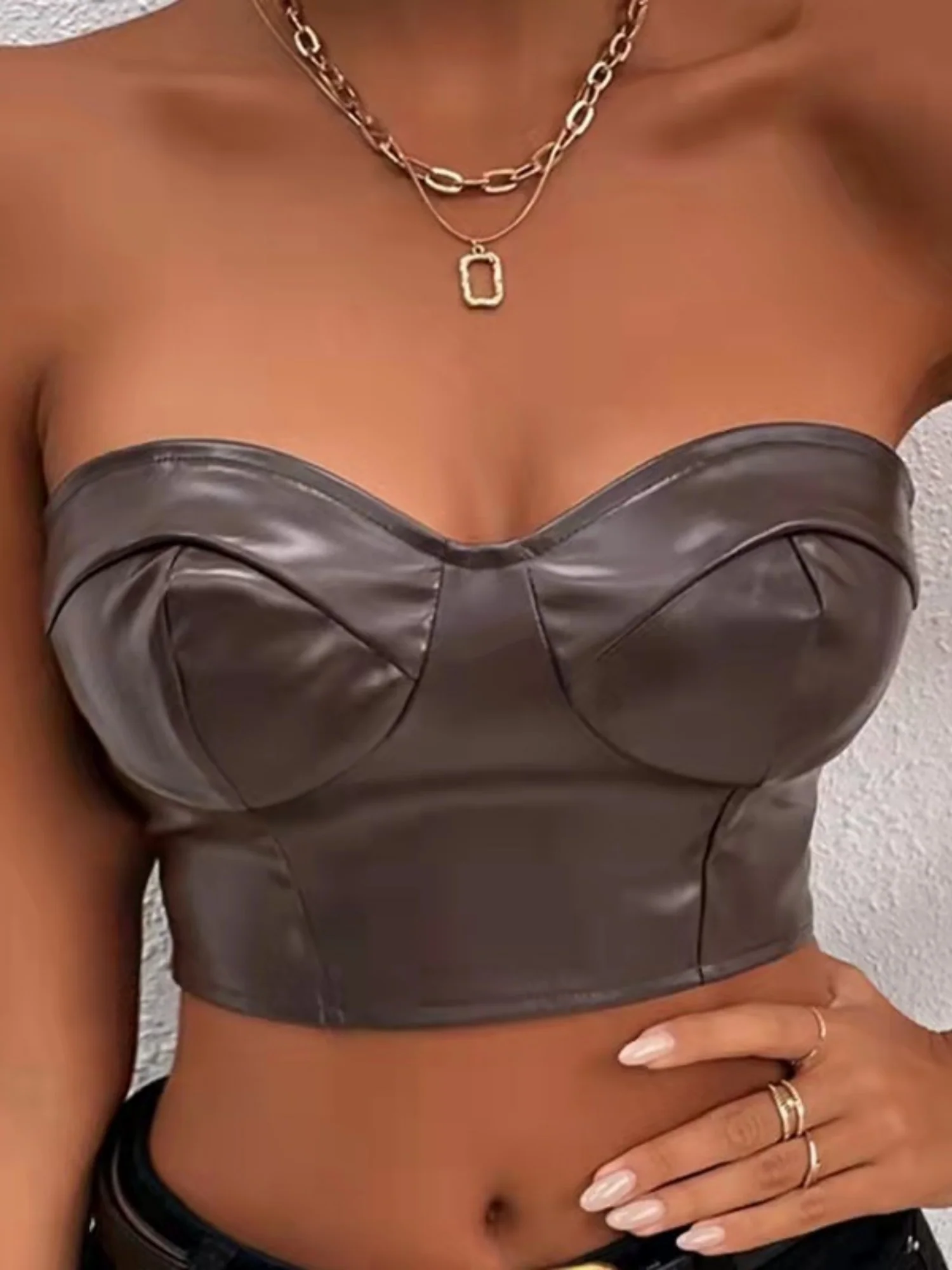 PU Glossy Patent Leather Cropped Tube Top - Image 7