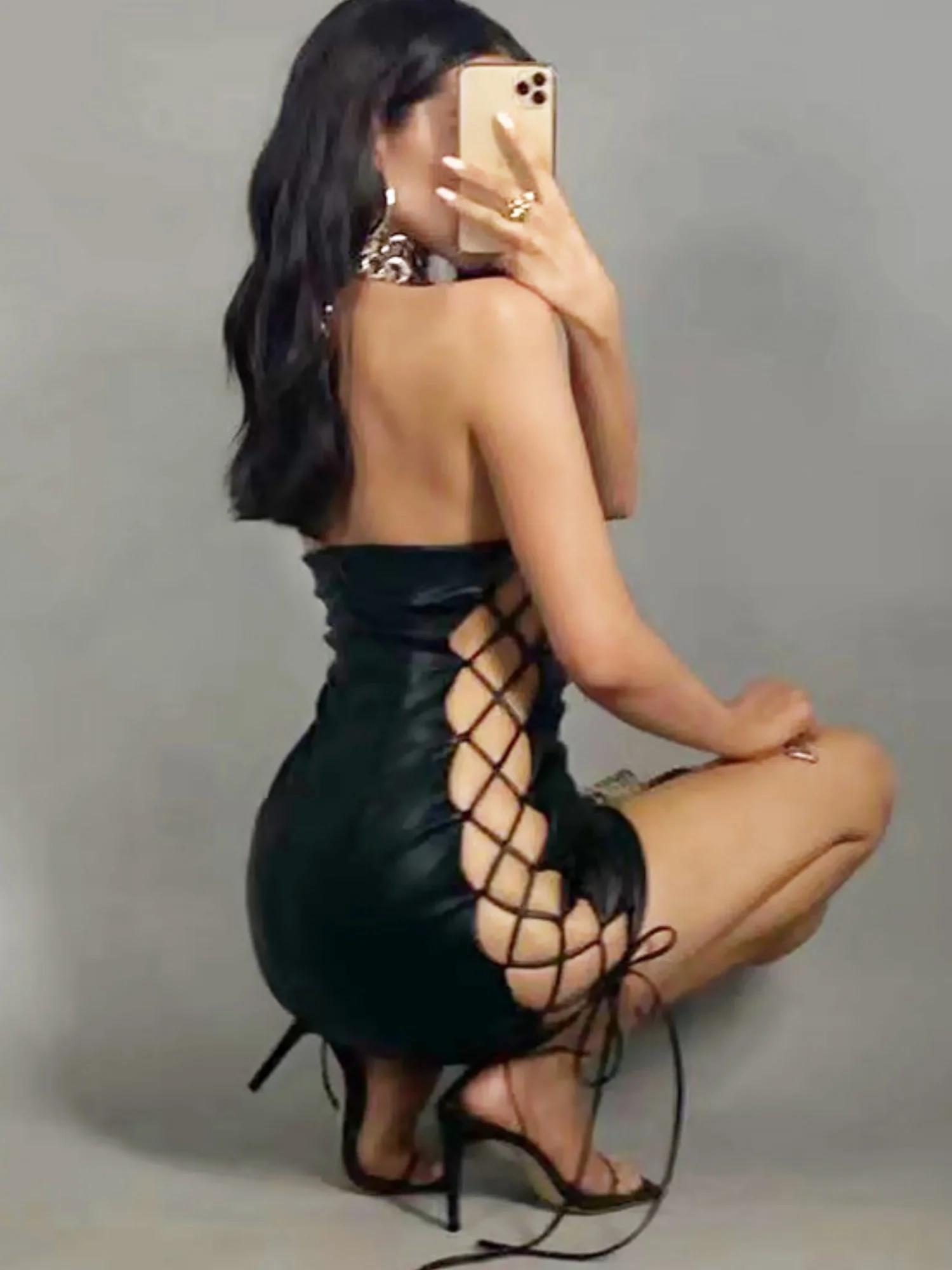 PU Leather Lace-up Cutout Strapless Bodycon Mini&Short Dresses - Image 2