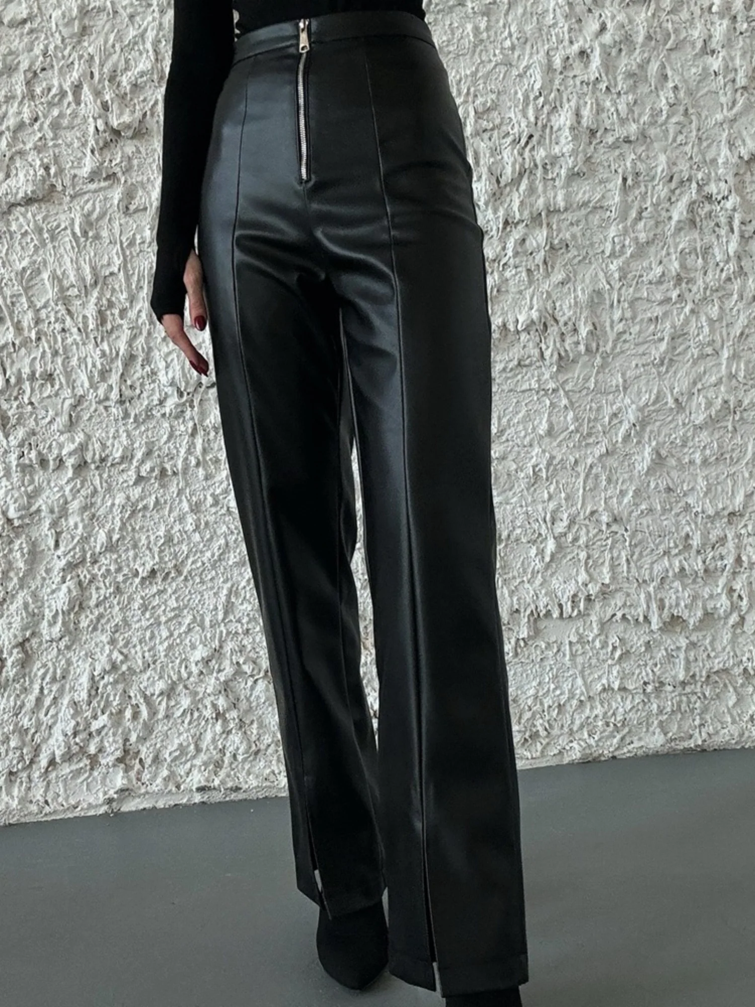 PU Leather Buttons High-waisted Slit Straight-leg Pants Pants - Image 3