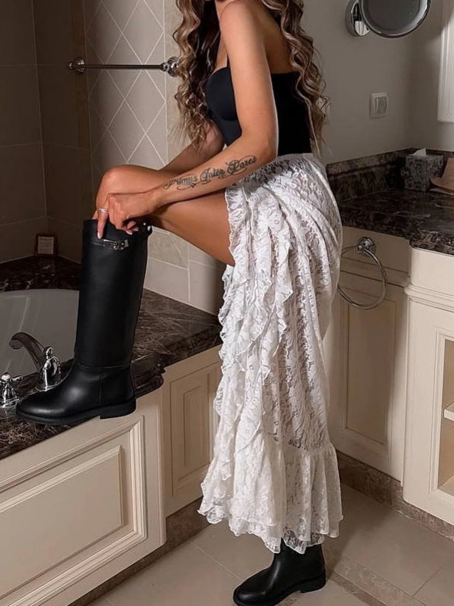 Lace See-through Irregular Forks Sexy Mesh Skirts - Image 3