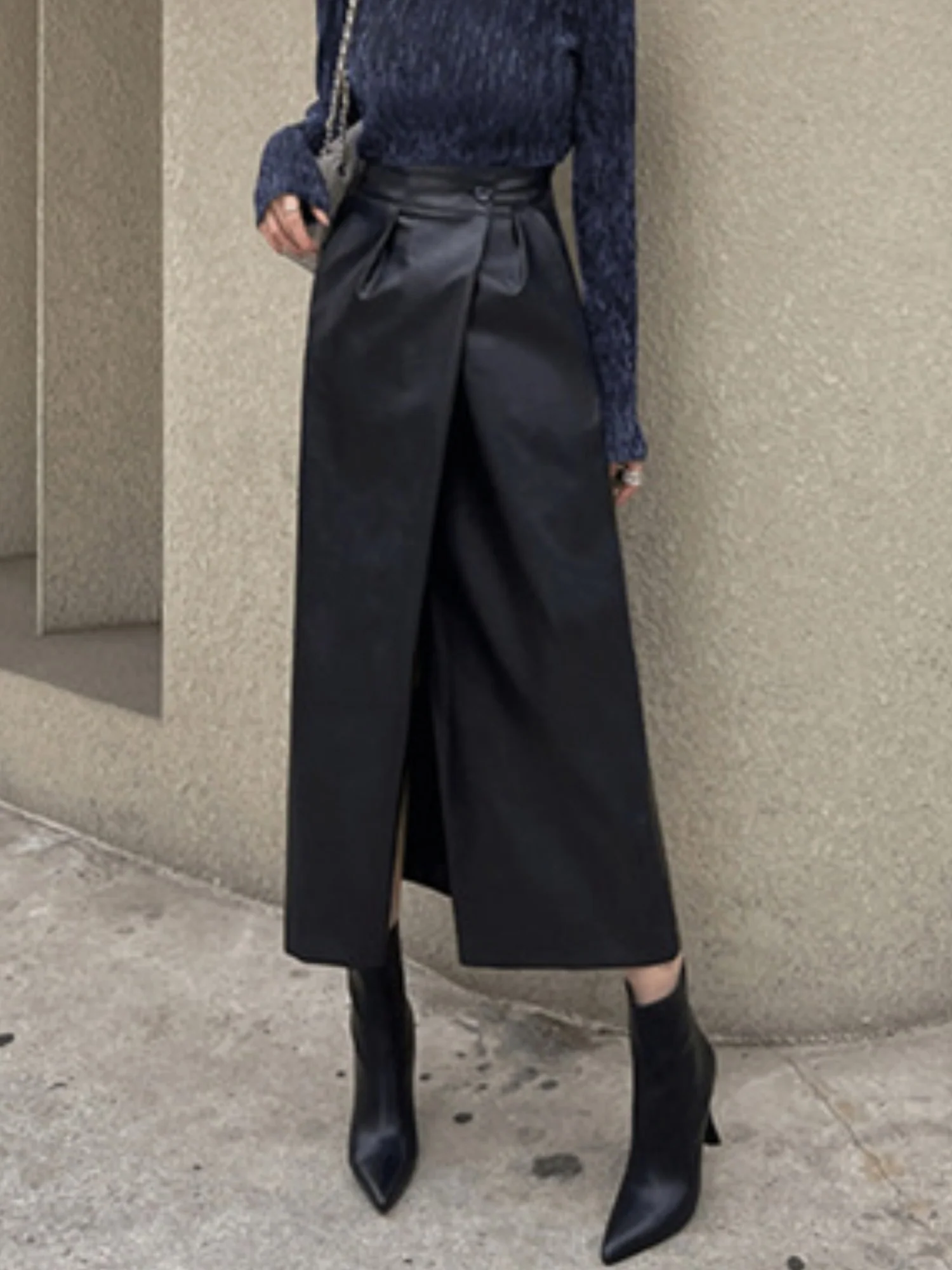 PU Leather Buttons Pleated High-waisted Side Slit Longline Skirts
