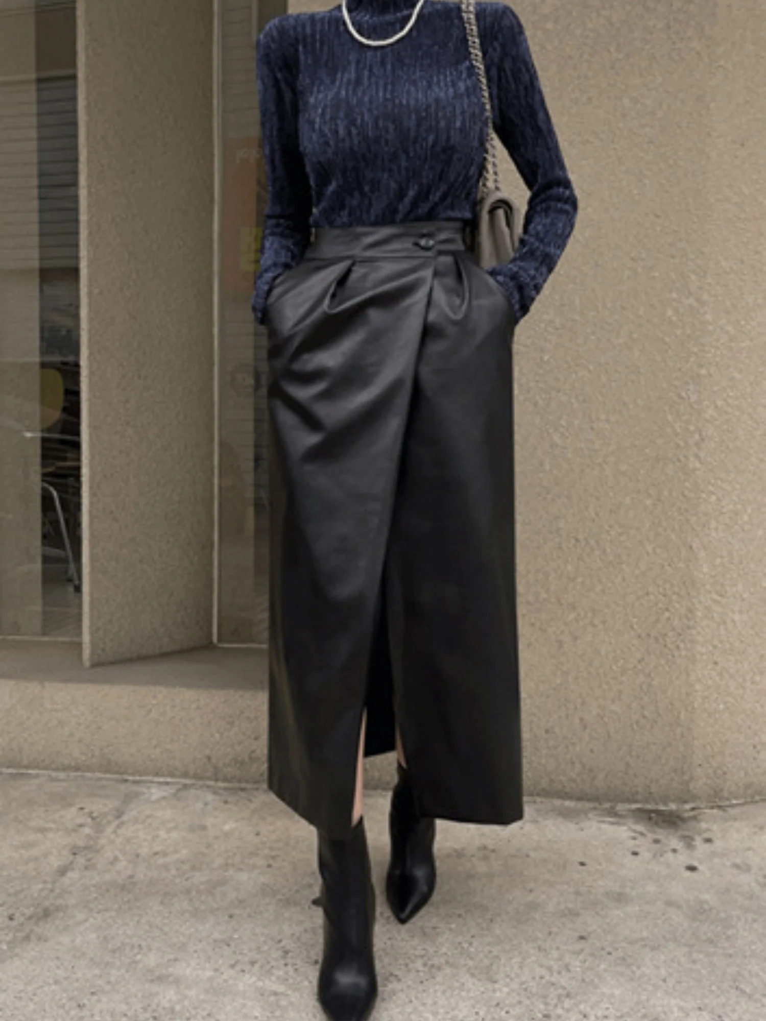 PU Leather Buttons Pleated High-waisted Side Slit Longline Skirts - Image 2