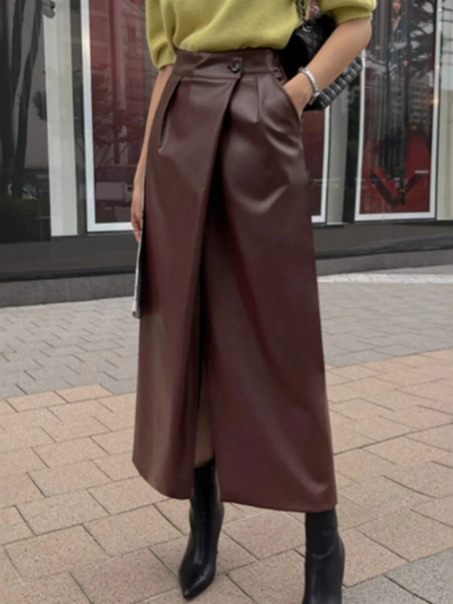 PU Leather Buttons Pleated High-waisted Side Slit Longline Skirts - Image 3