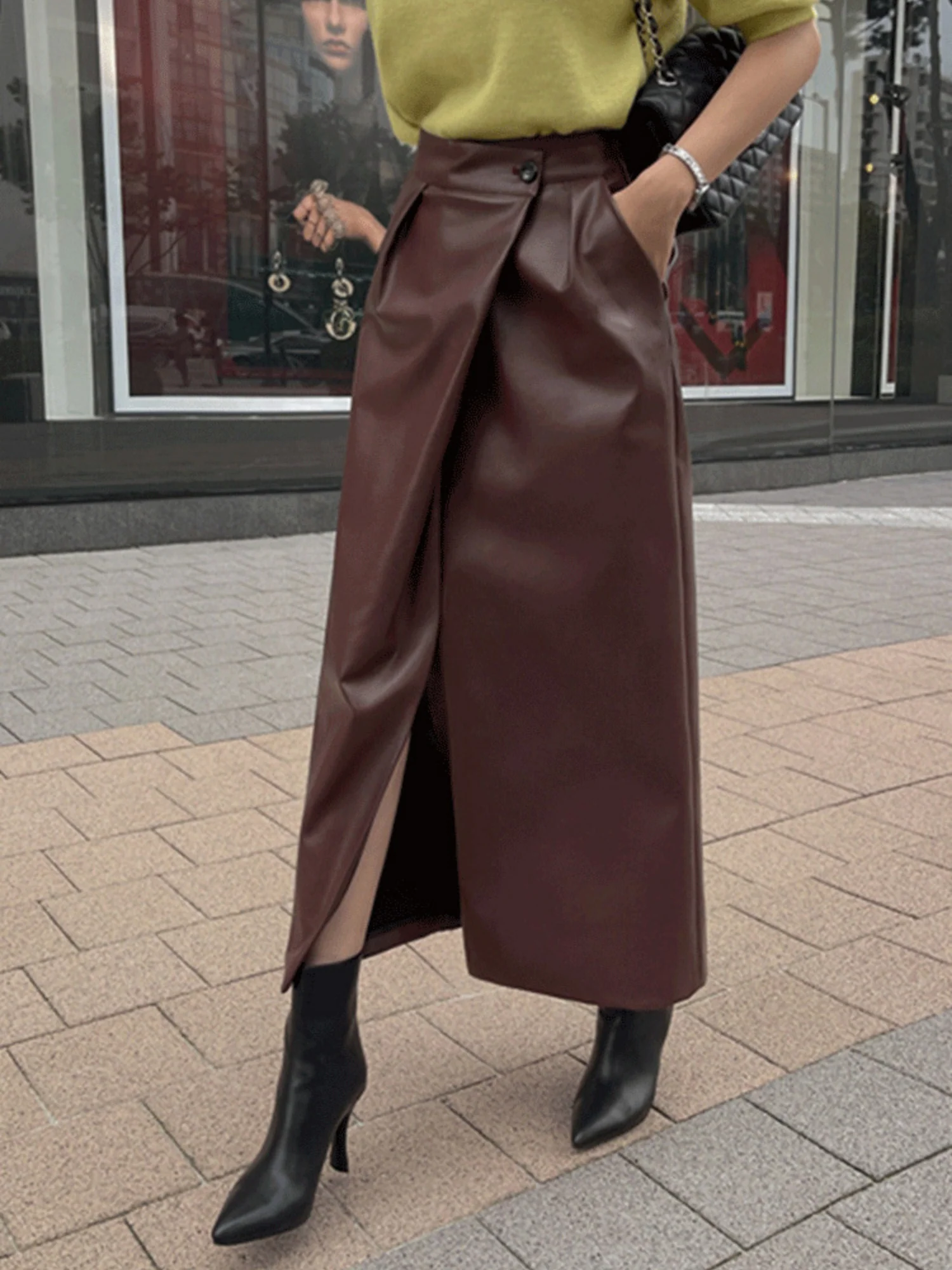 PU Leather Buttons Pleated High-waisted Side Slit Longline Skirts - Image 4