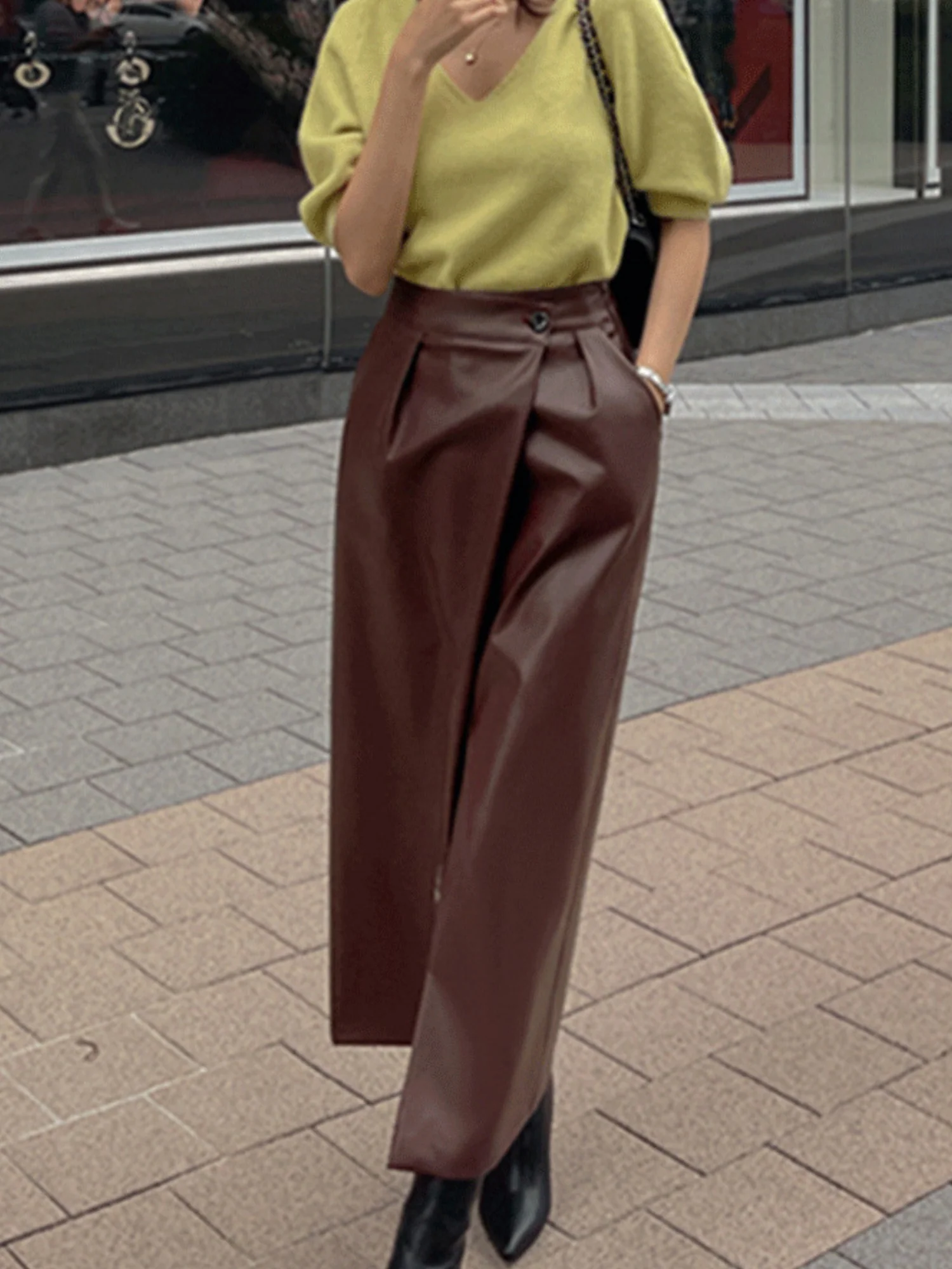 PU Leather Buttons Pleated High-waisted Side Slit Longline Skirts - Image 5