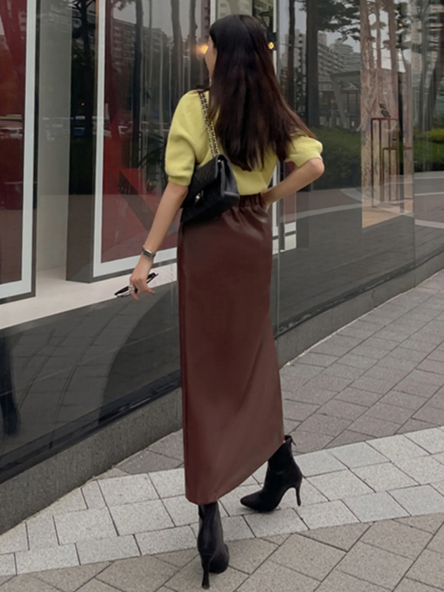 PU Leather Buttons Pleated High-waisted Side Slit Longline Skirts - Image 6