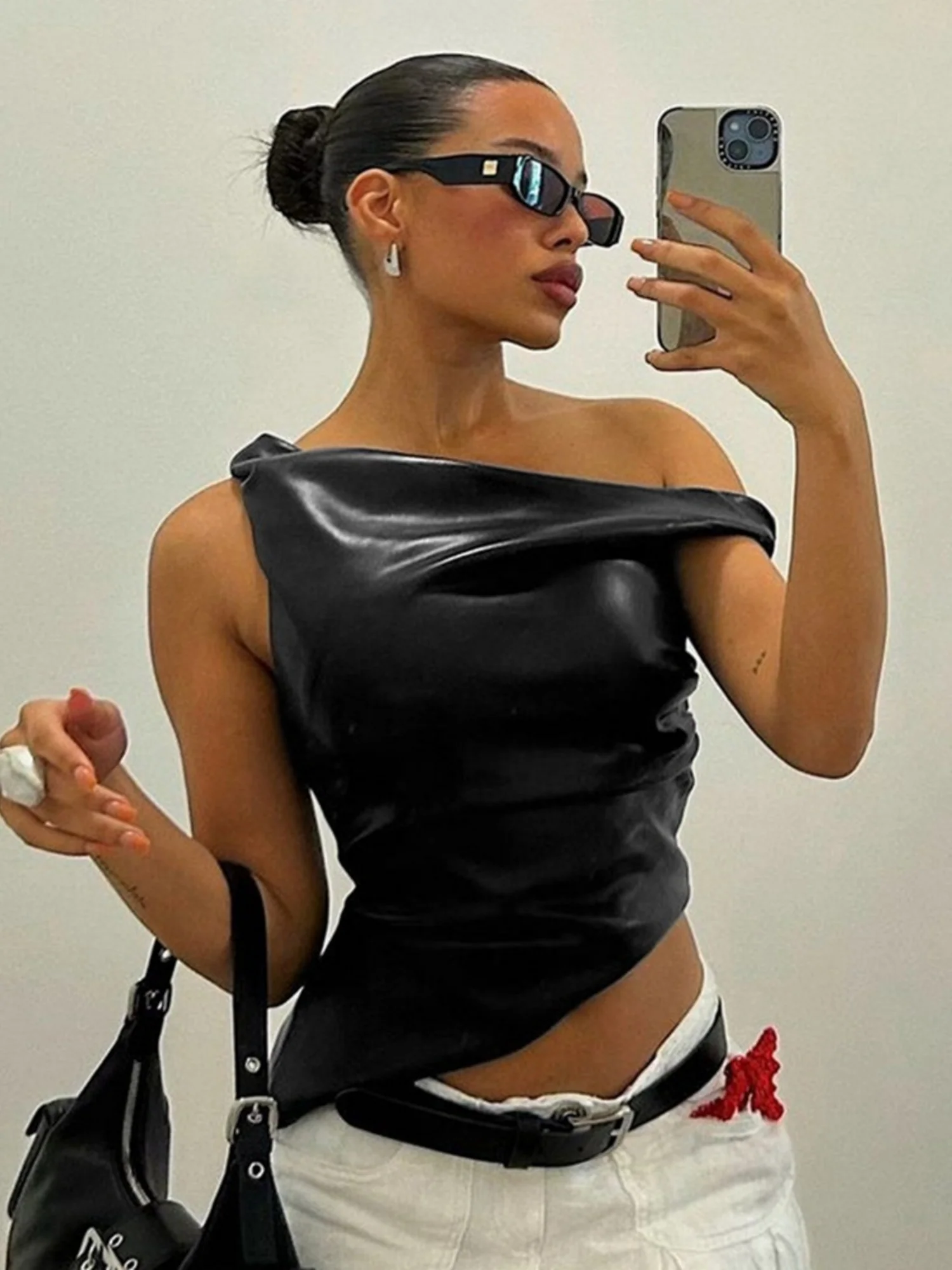 PU Leather Asymmetrical Neckline And Off-shoulder Twisted Design Cropped Vest - Image 3