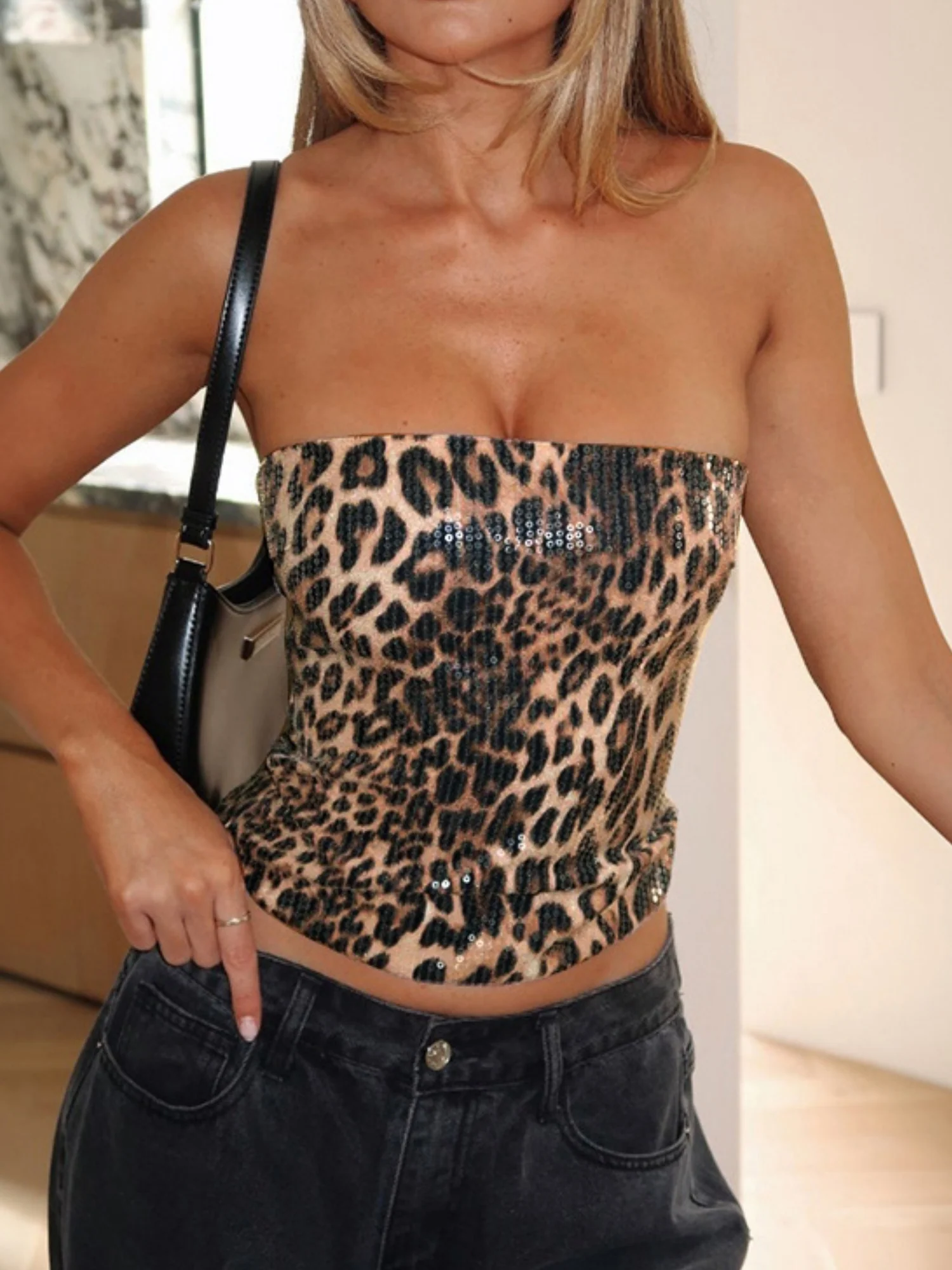 Leopard Print Sequins Stretch Strapless Vest