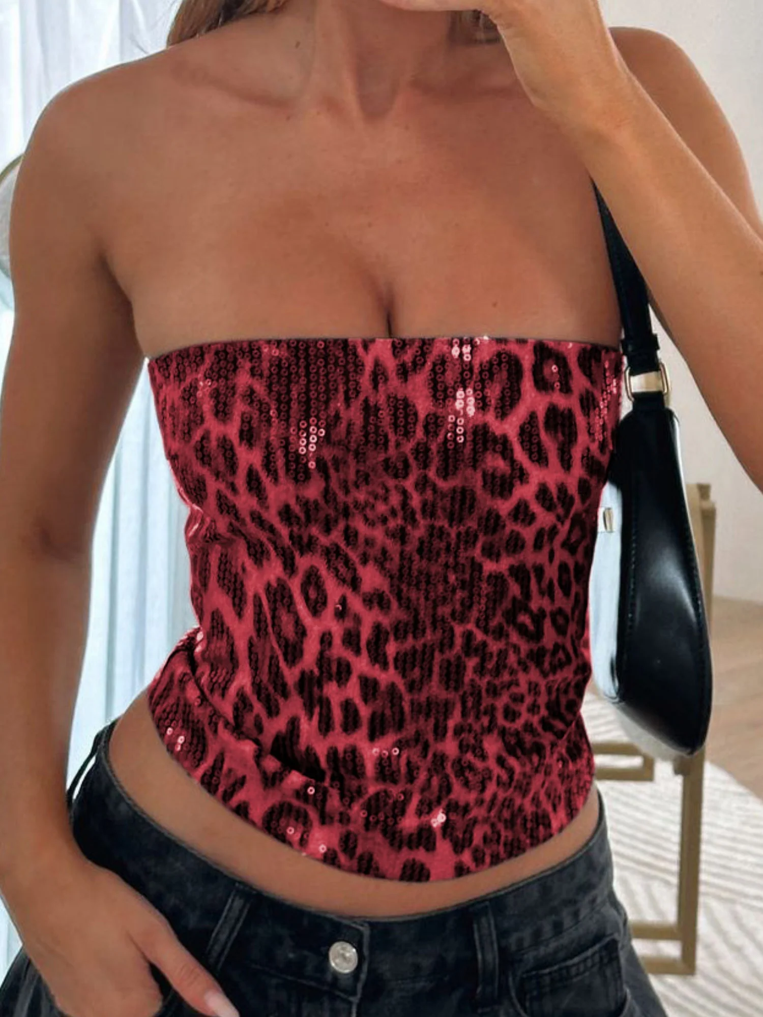 Leopard Print Sequins Stretch Strapless Vest - Image 4