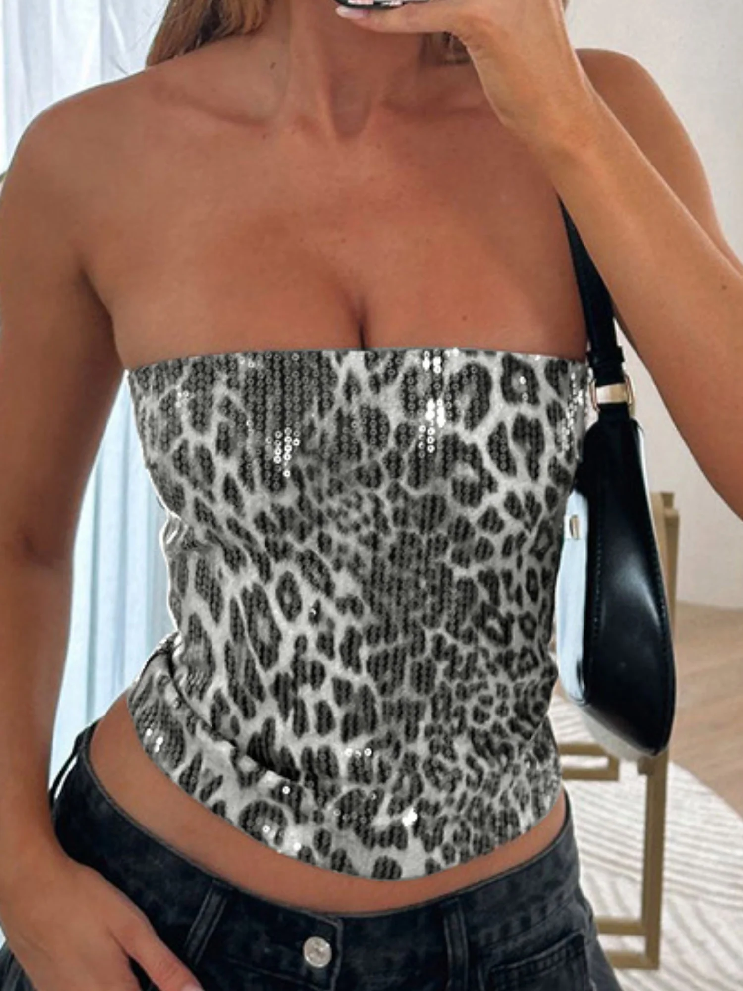 Leopard Print Sequins Stretch Strapless Vest - Image 5