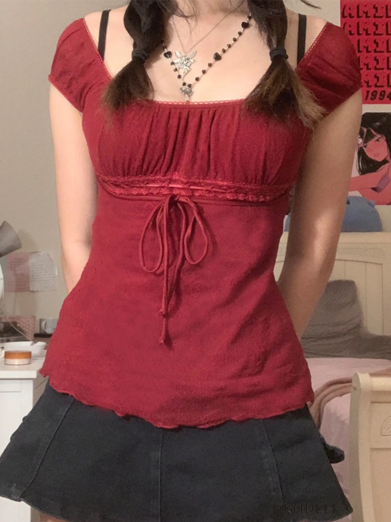 Bow-knot Waist Lace Patchwork Sweet Short Sleeves T-shirts - Image 2