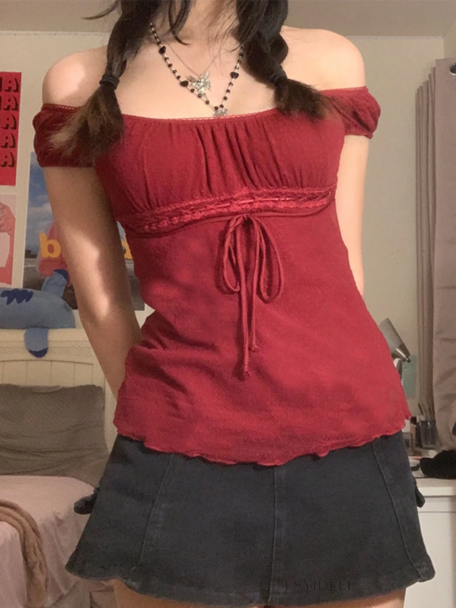 Bow-knot Waist Lace Patchwork Sweet Short Sleeves T-shirts - Image 3