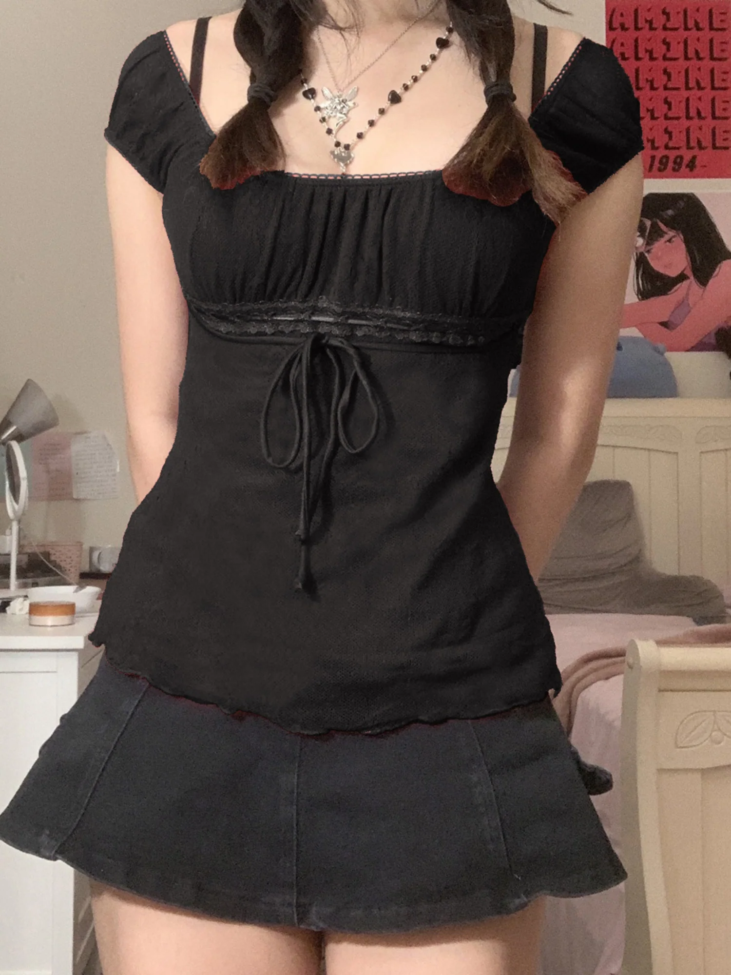 Bow-knot Waist Lace Patchwork Sweet Short Sleeves T-shirts - Image 4