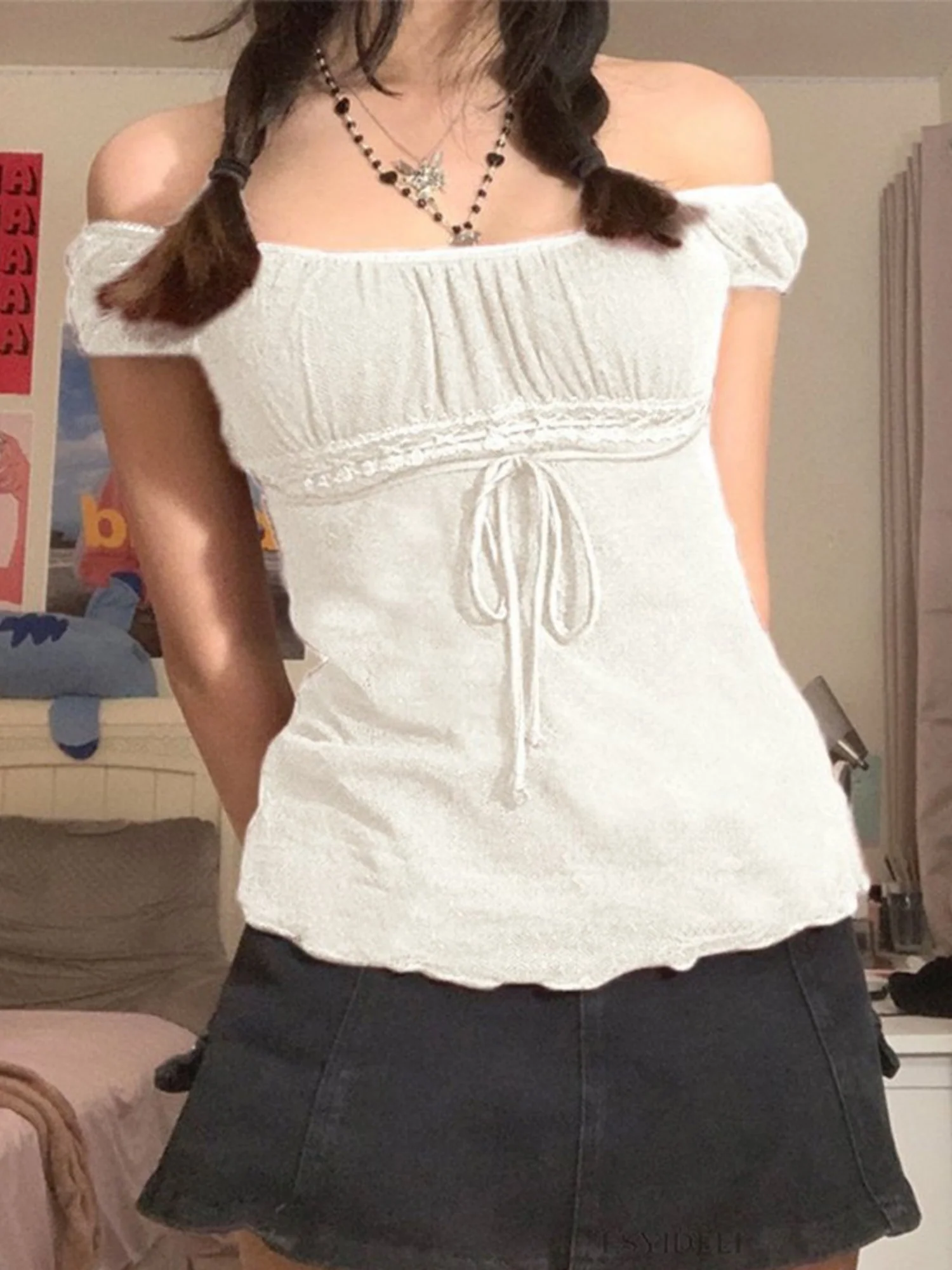 Bow-knot Waist Lace Patchwork Sweet Short Sleeves T-shirts - Image 6
