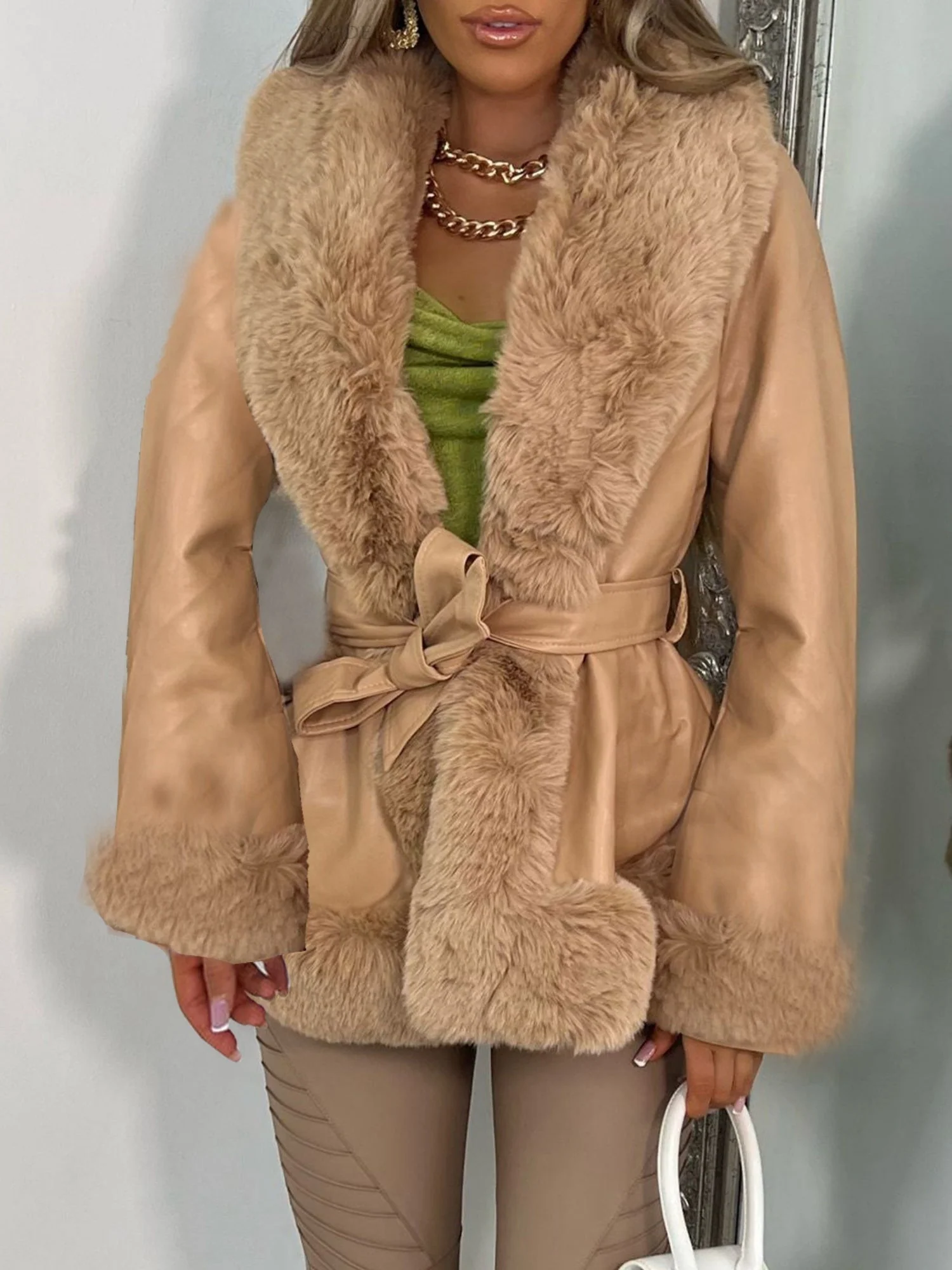 PU Leather Women's Leather Jacket With Large Fur Collar, Belted Waist, And Fitted Design; Long-sleeved Coat.
