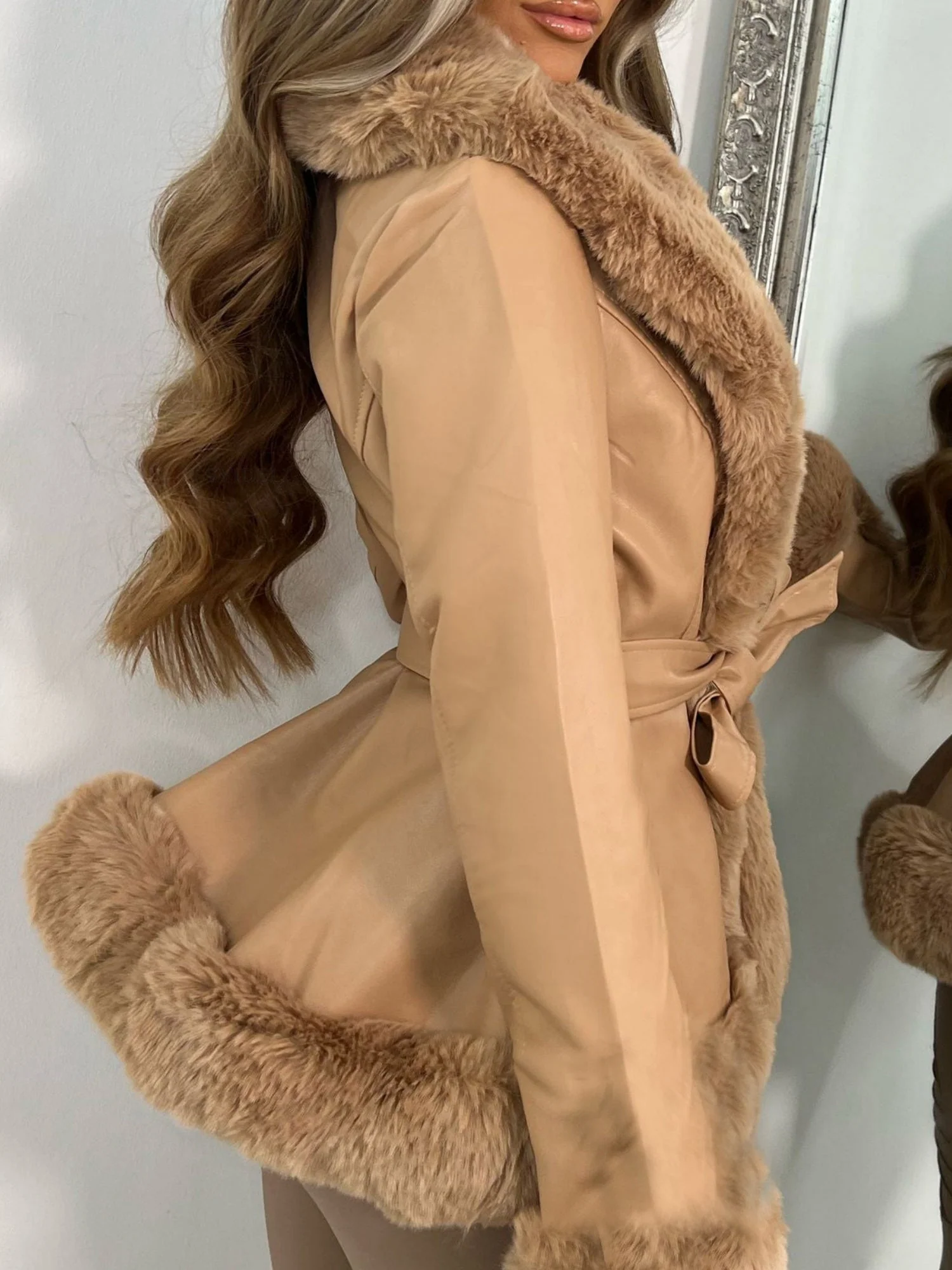 PU Leather Women's Leather Jacket With Large Fur Collar, Belted Waist, And Fitted Design; Long-sleeved Coat. - Image 2