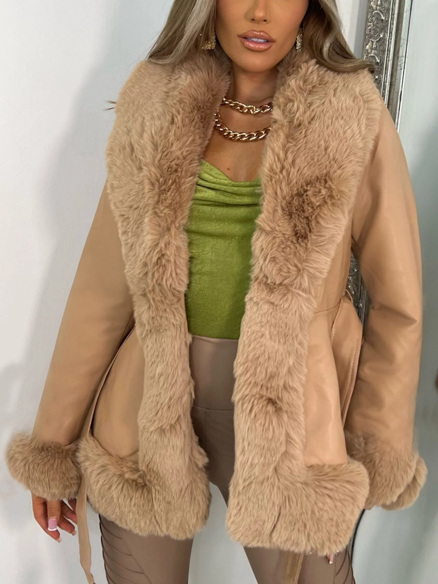 PU Leather Women's Leather Jacket With Large Fur Collar, Belted Waist, And Fitted Design; Long-sleeved Coat. - Image 3