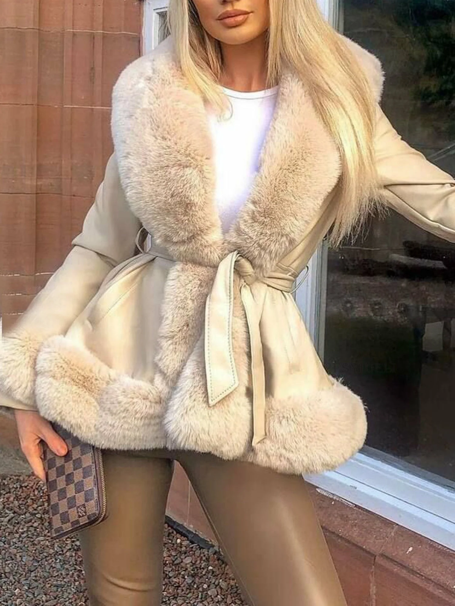 PU Leather Women's Leather Jacket With Large Fur Collar, Belted Waist, And Fitted Design; Long-sleeved Coat. - Image 5