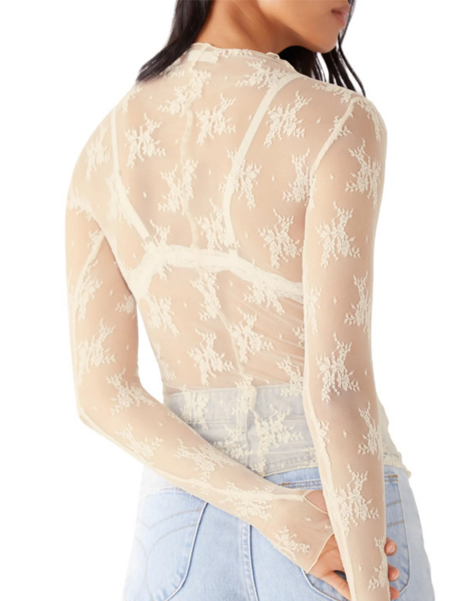 Lace See-through Sexy Mesh Mock Neck Long-sleeved Top - Image 9