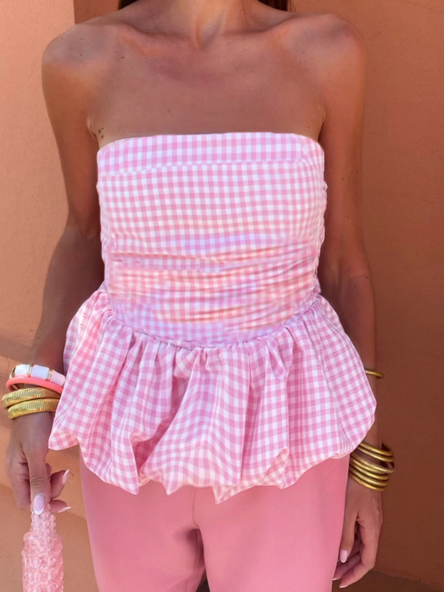 Plaid Splicing Ruffle Strapless Sweet Tank Tops&Camis