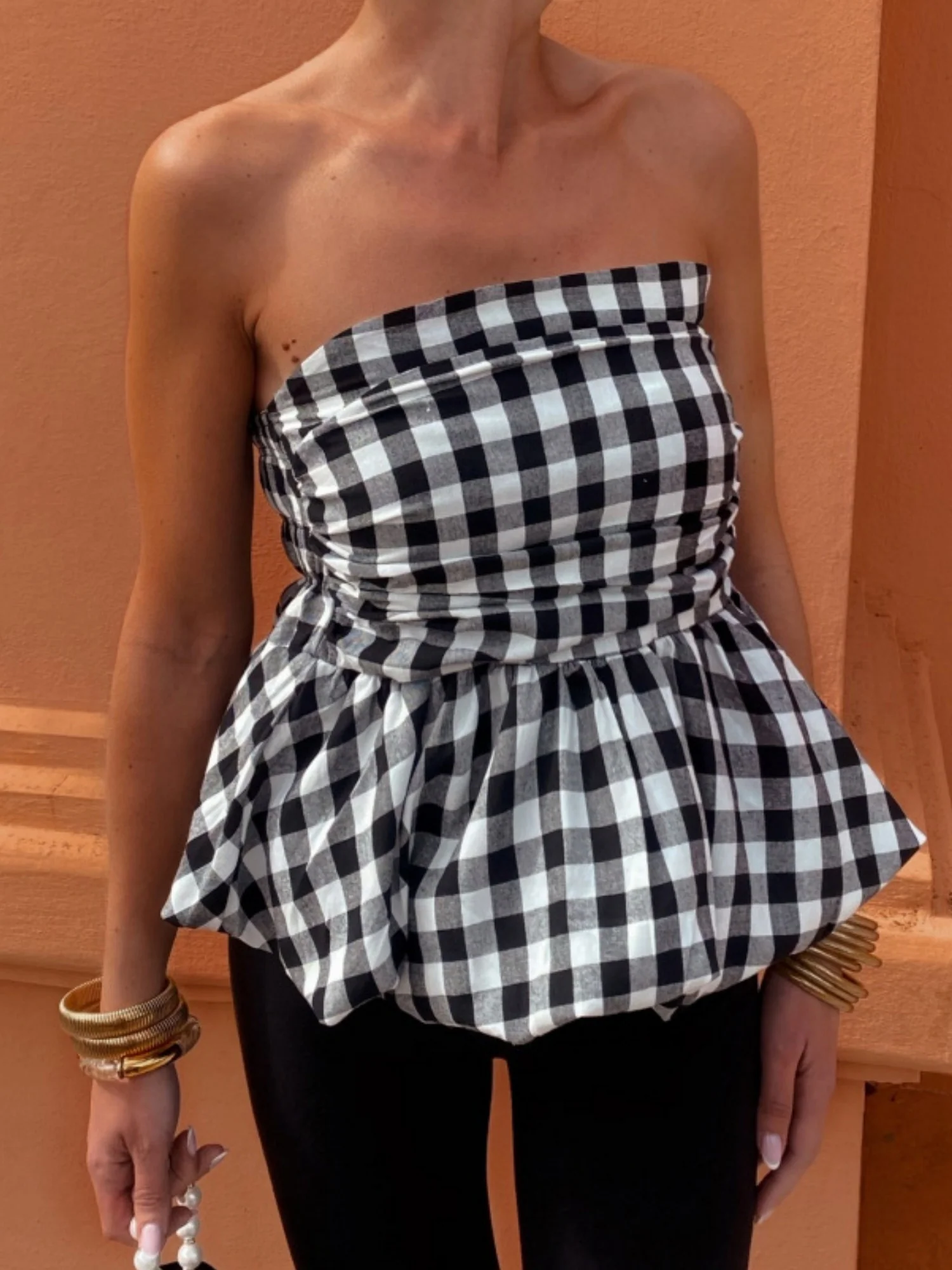 Plaid Splicing Ruffle Strapless Sweet Tank Tops&Camis - Image 6